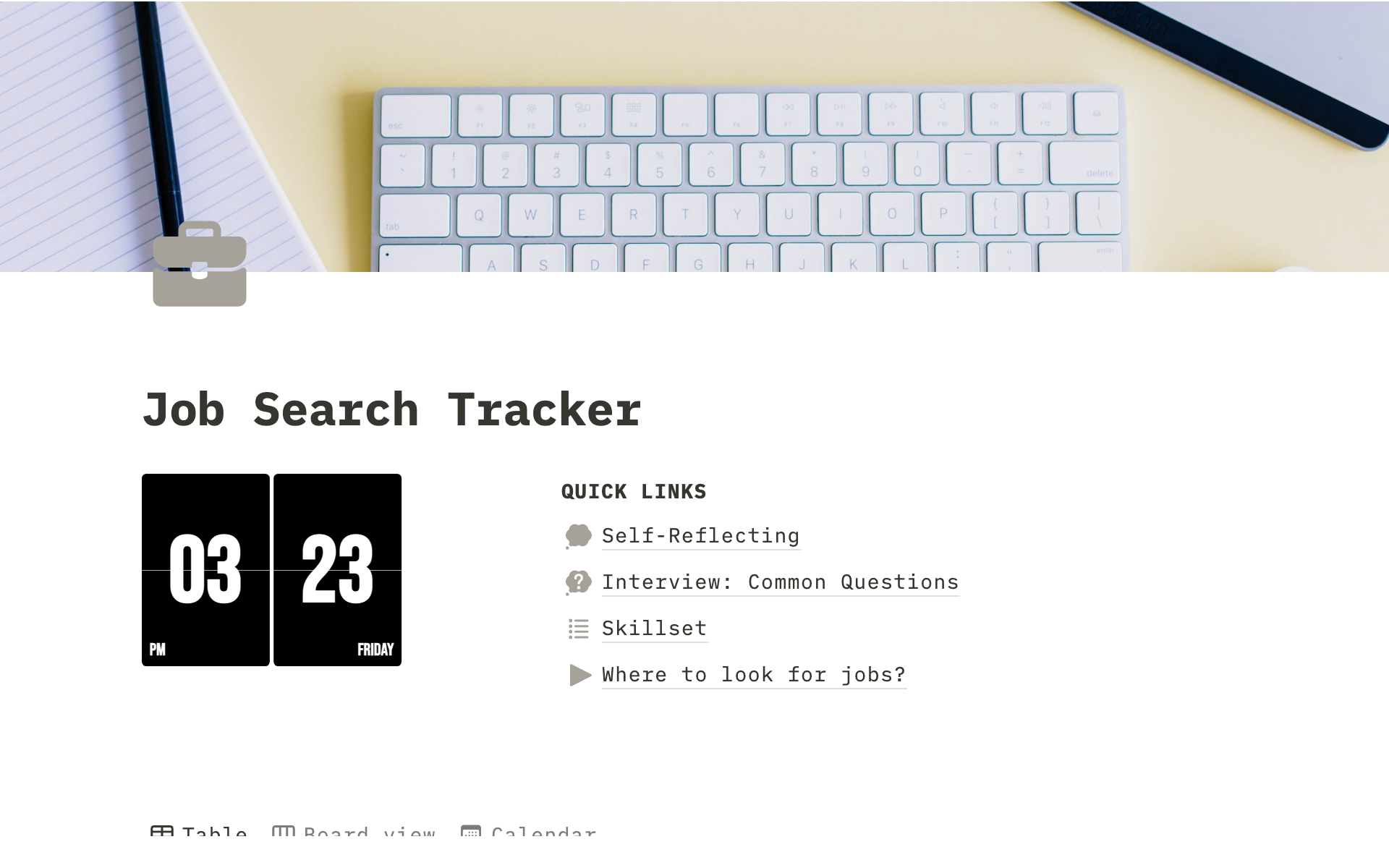 Uma prévia do modelo para Job Search Tracker