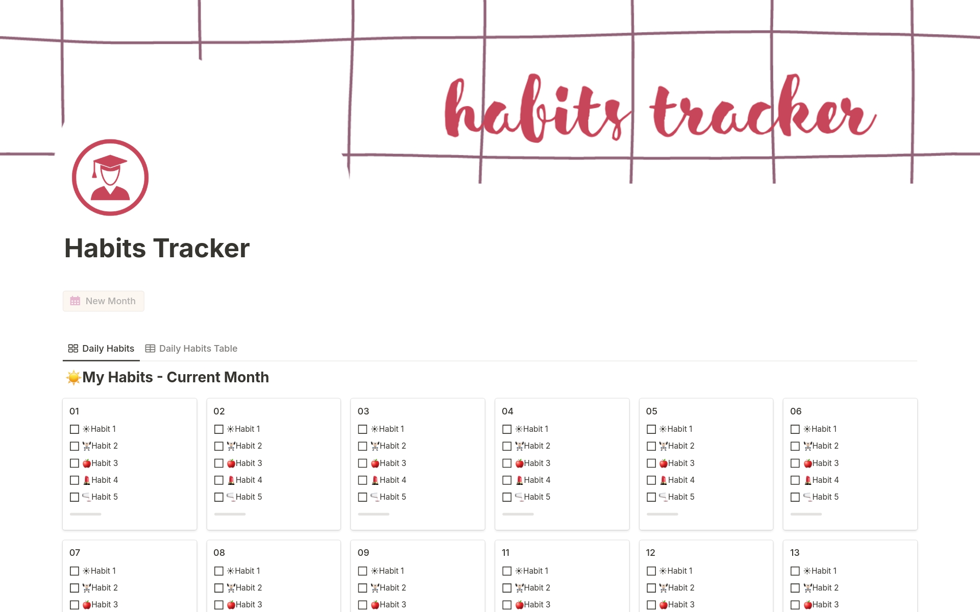 Vista previa de una plantilla para Habits tracker