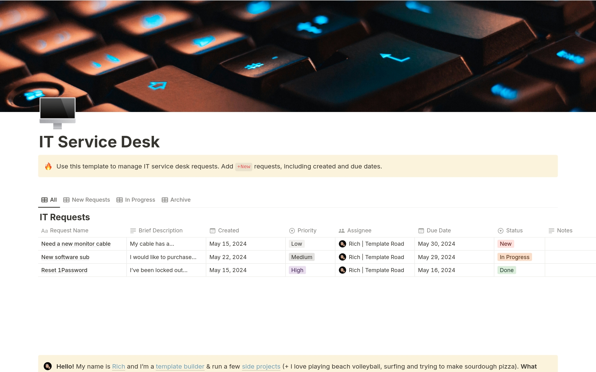 Vista previa de una plantilla para IT Service Desk
