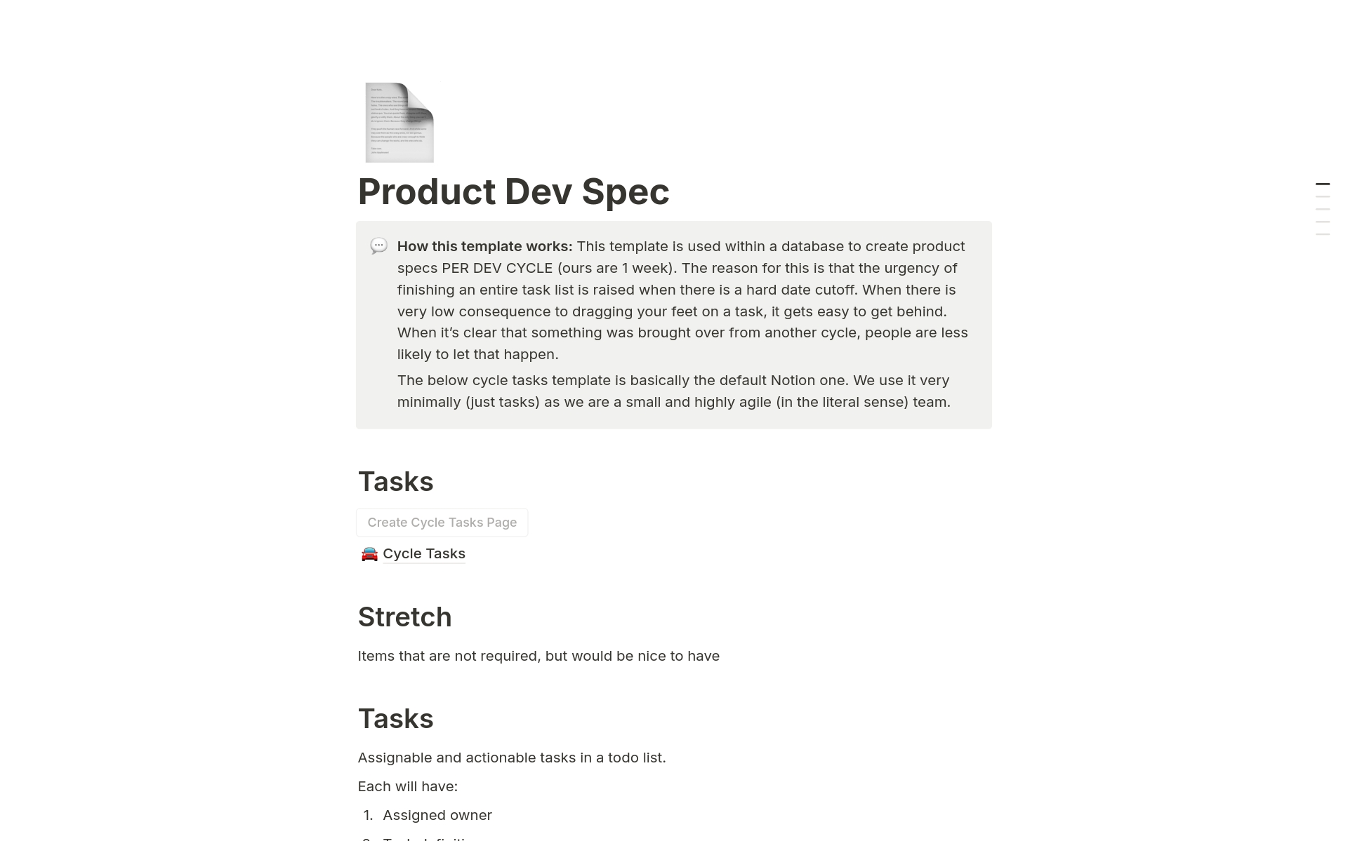 Tangia's Product Dev Specのテンプレートのプレビュー