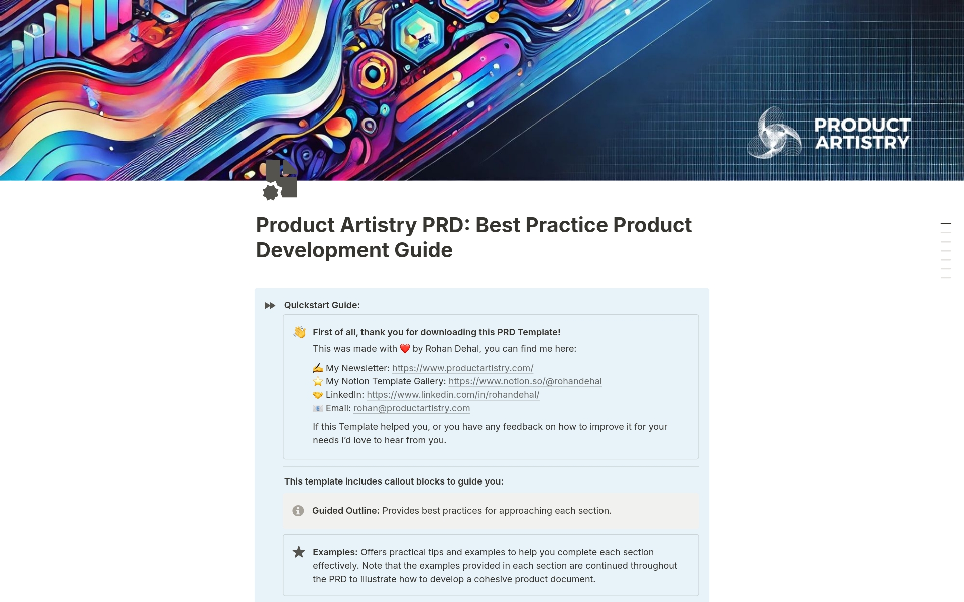 A template preview for Product Artistry PRD: Best Practice Product Guide