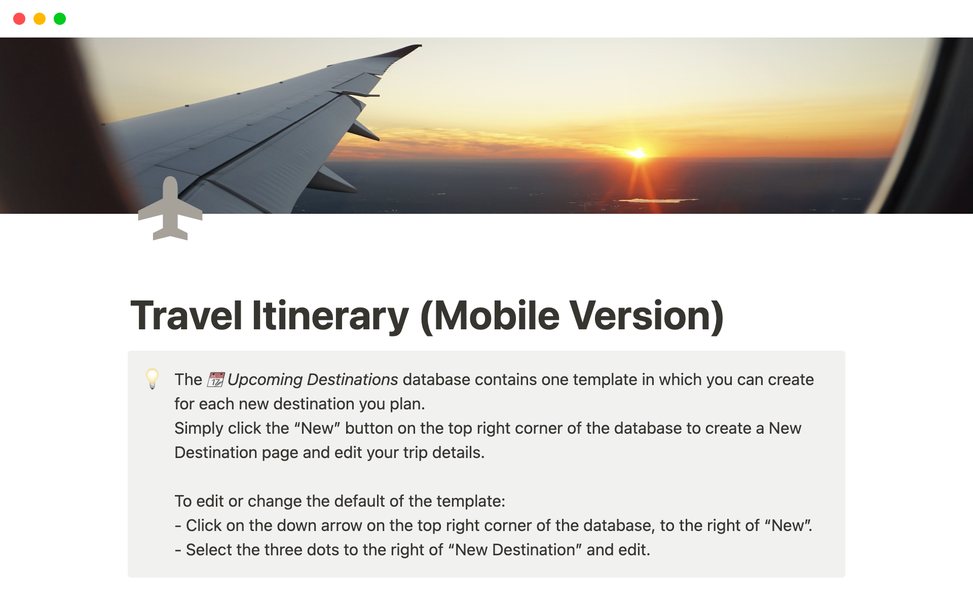 En forhåndsvisning av mal for Travel Itinerary (Mobile Version)