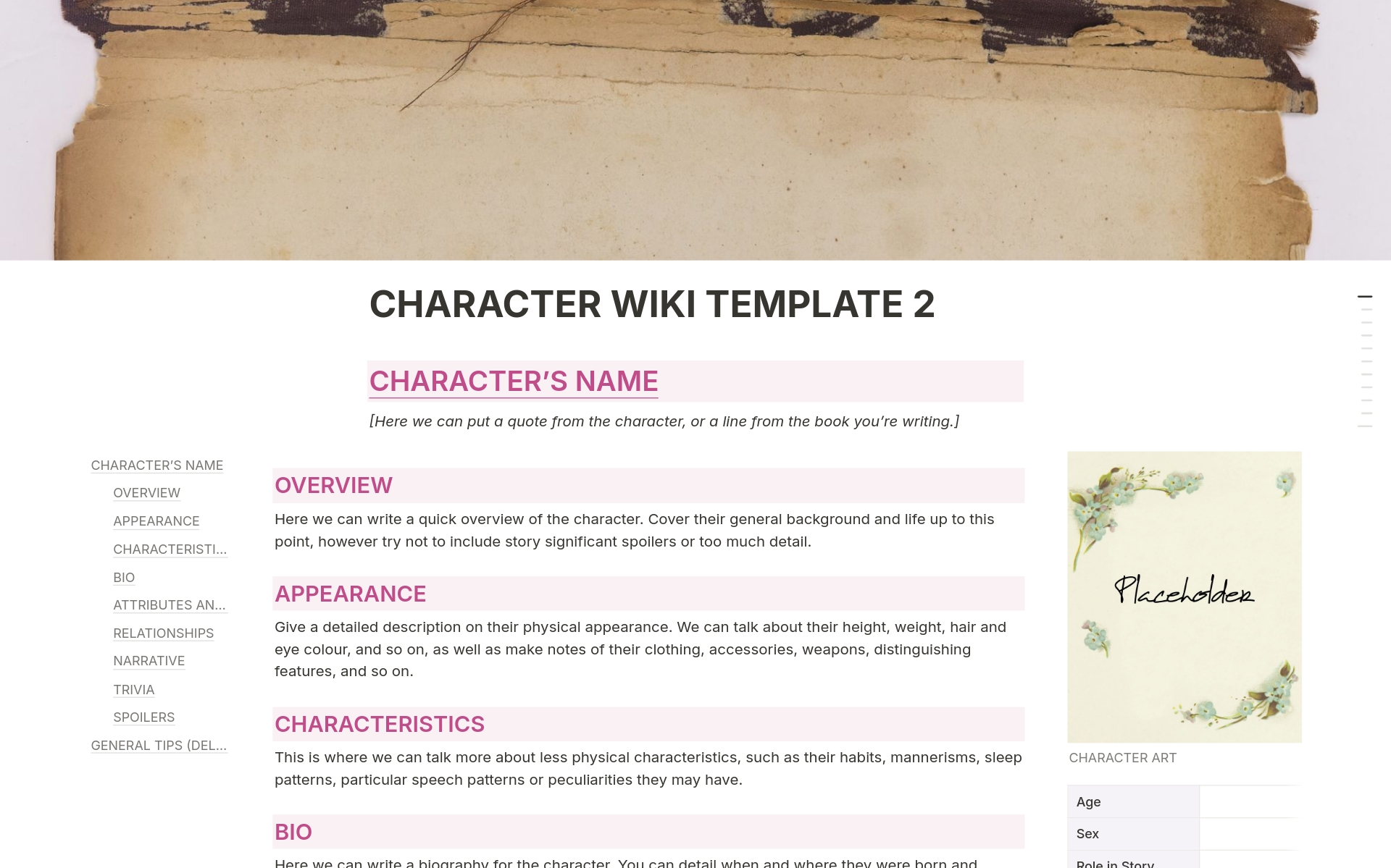A basic template for a wiki-style character profile.