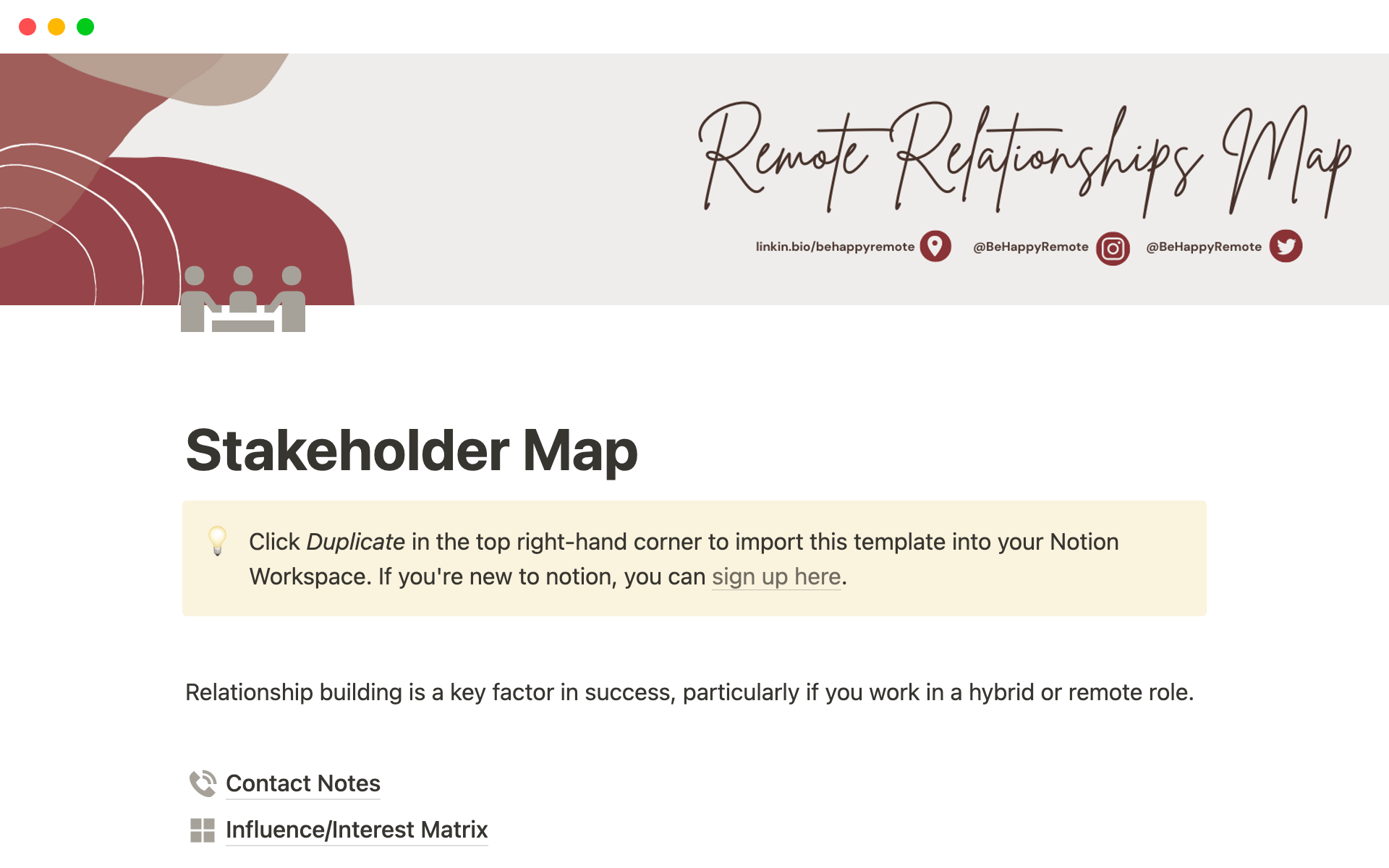 En forhåndsvisning av mal for Remote Relationships Map