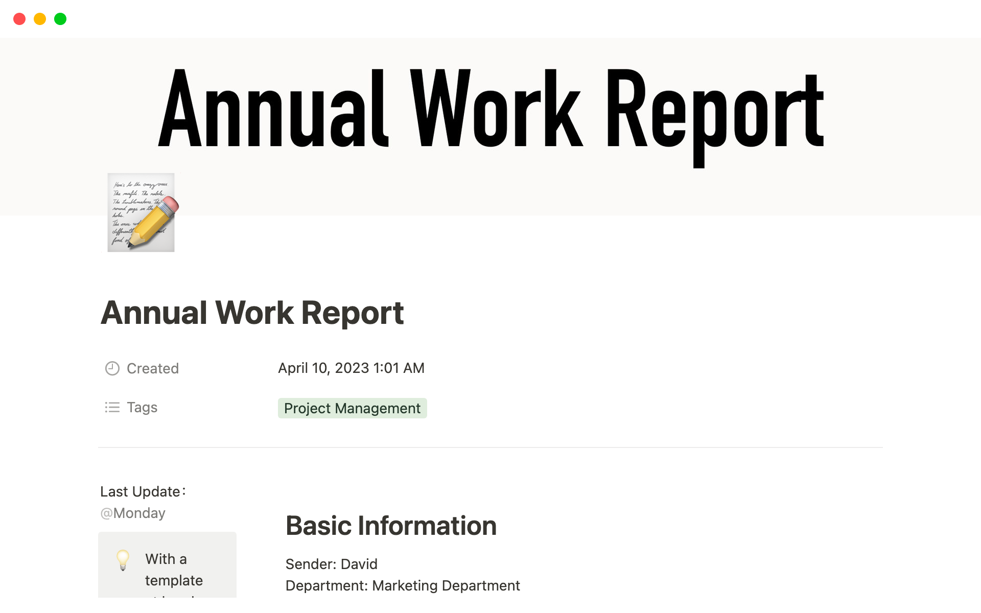 En forhåndsvisning av mal for Annual Work Report