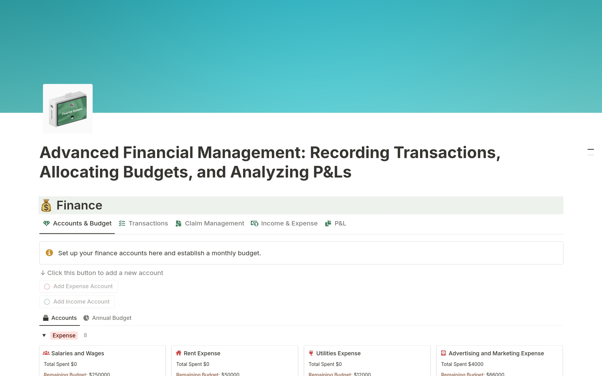A template preview for Advanced Financial Management