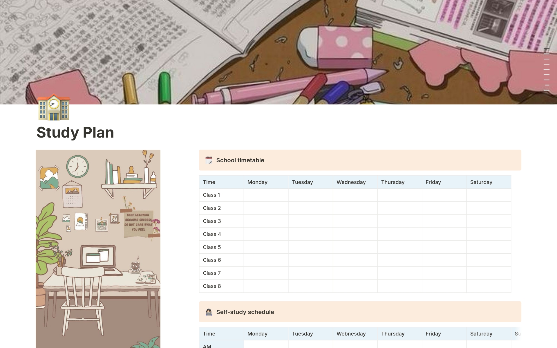 A template preview for School timetable and exams