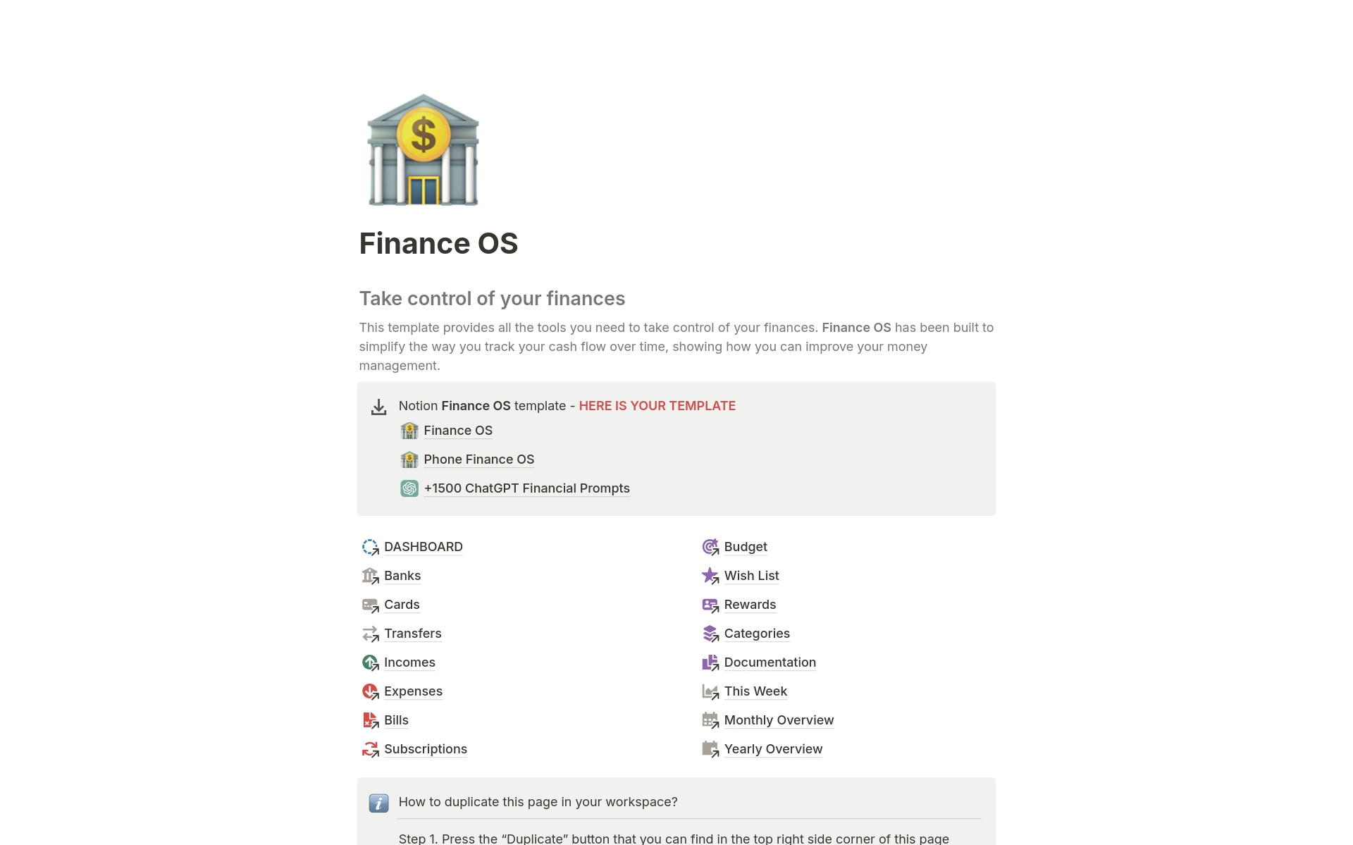 Eine Vorlagenvorschau für Finance OS