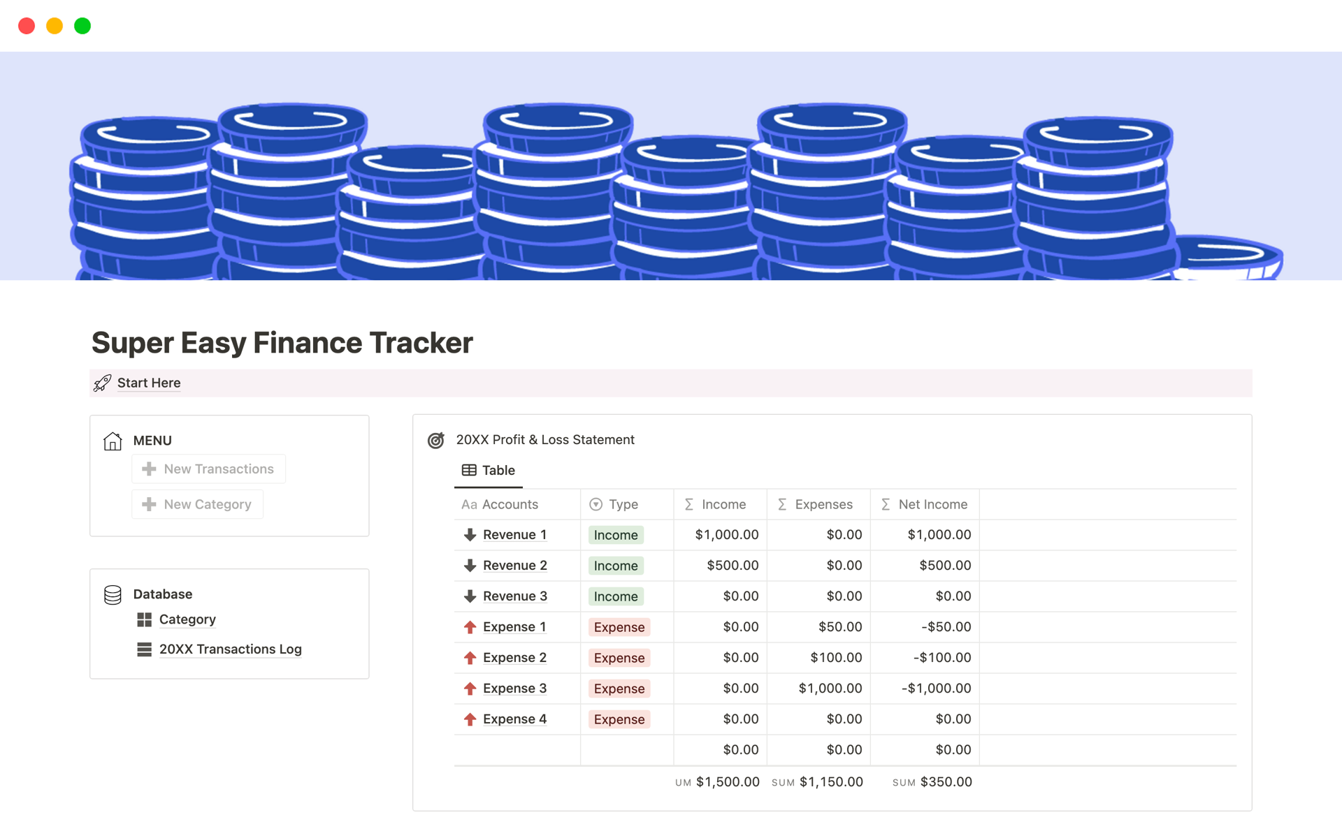 En förhandsgranskning av mallen för Super Easy Finance Tracker