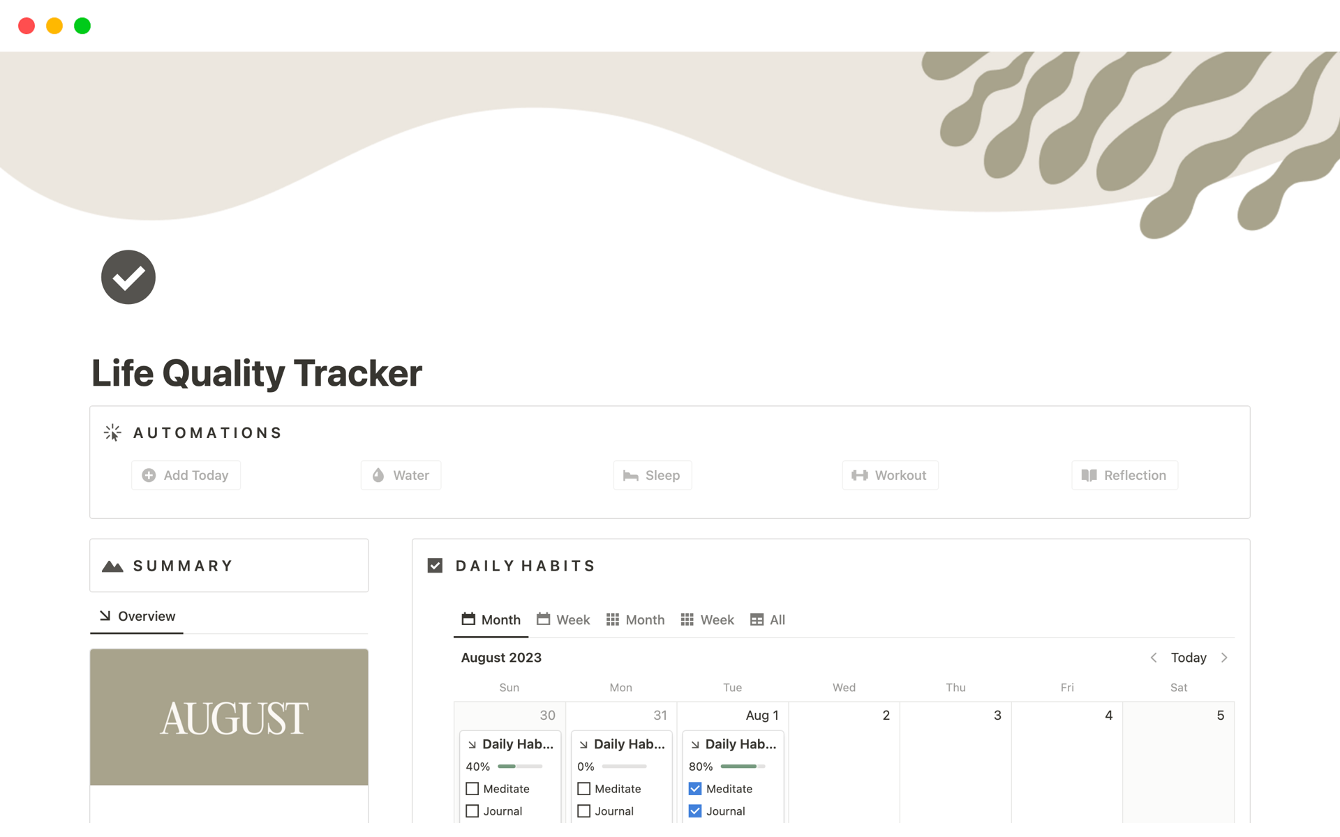 Vista previa de una plantilla para Life Quality Tracker