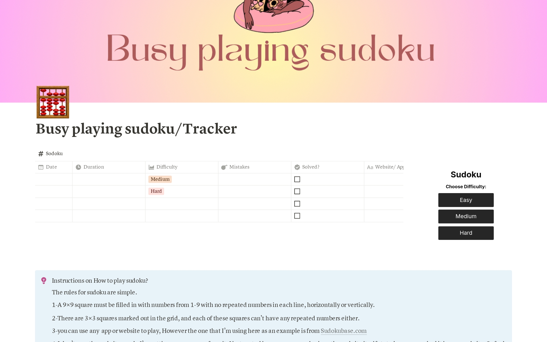Vista previa de una plantilla para Busy playing sudoku| sudoku tracker