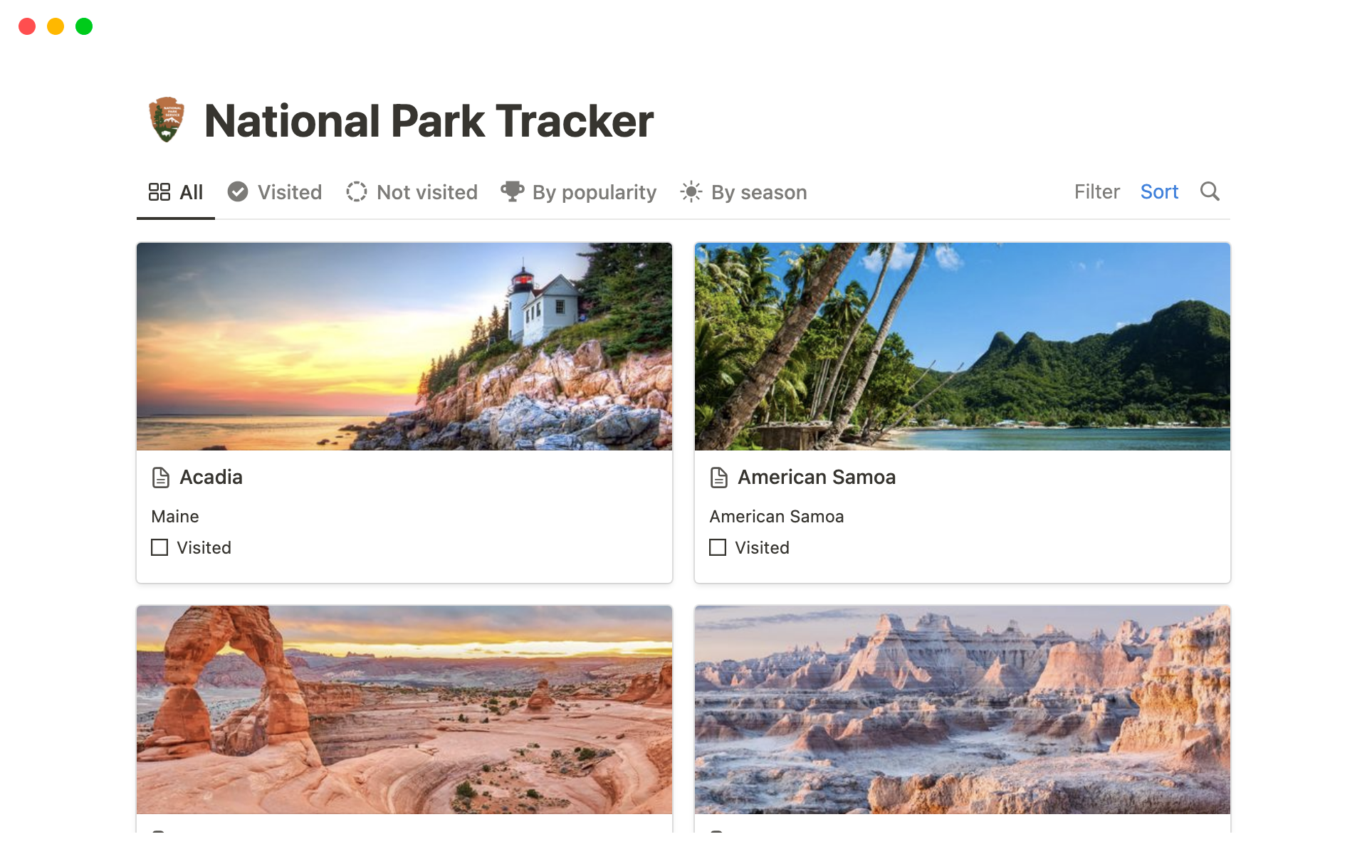 En förhandsgranskning av mallen för National Park Tracker