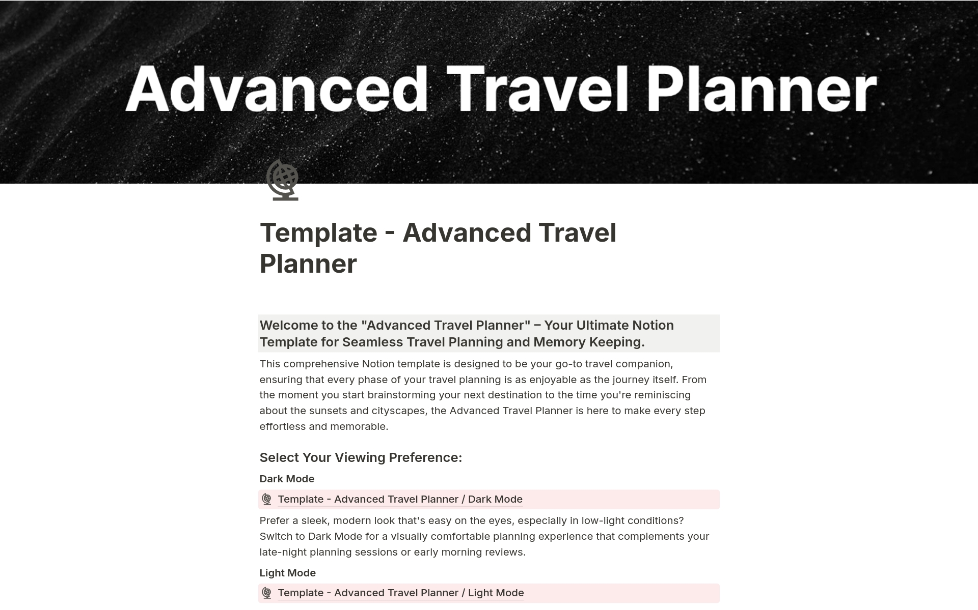 En forhåndsvisning av mal for Advanced Travel Planner by Noah