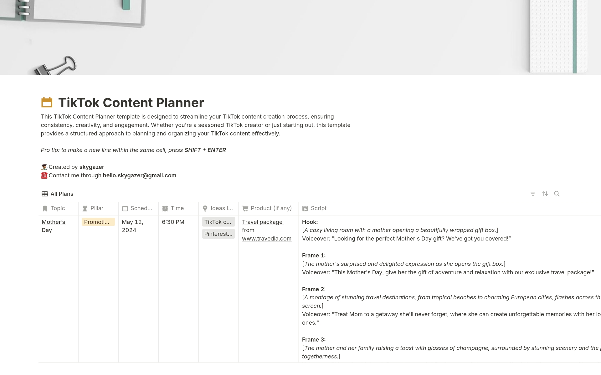 Vista previa de plantilla para TikTok Content Planner