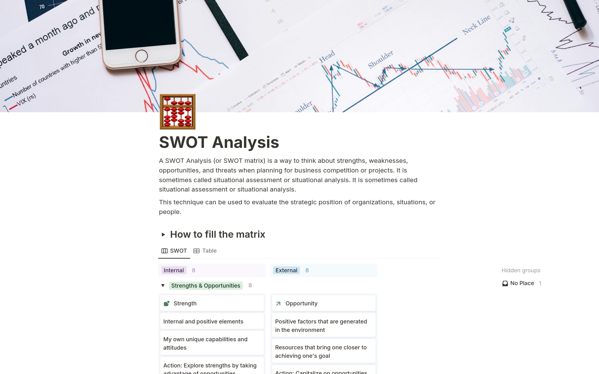 Vista previa de una plantilla para SWOT Analysis