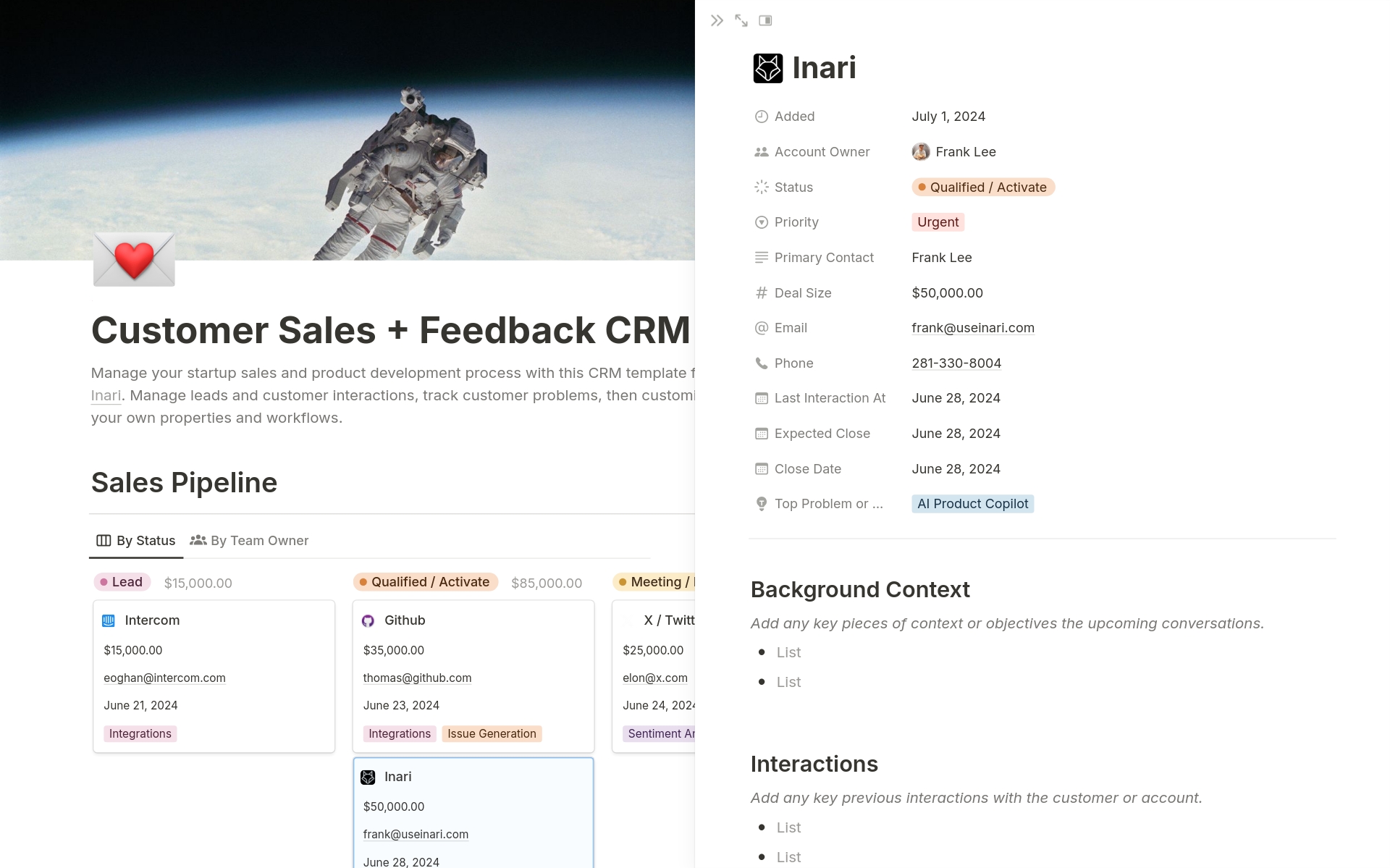 Manage your startup sales and product development process with this CRM template from Inari (S23). Manage leads and customer interactions, track customer problems, then customize your own properties and workflows.