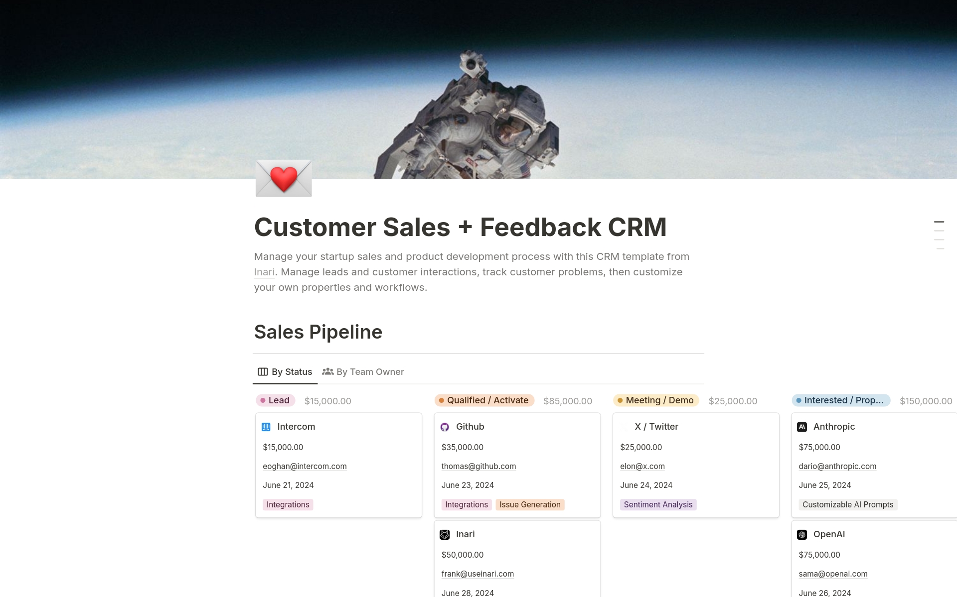 Manage your startup sales and product development process with this CRM template from Inari (S23). Manage leads and customer interactions, track customer problems, then customize your own properties and workflows.