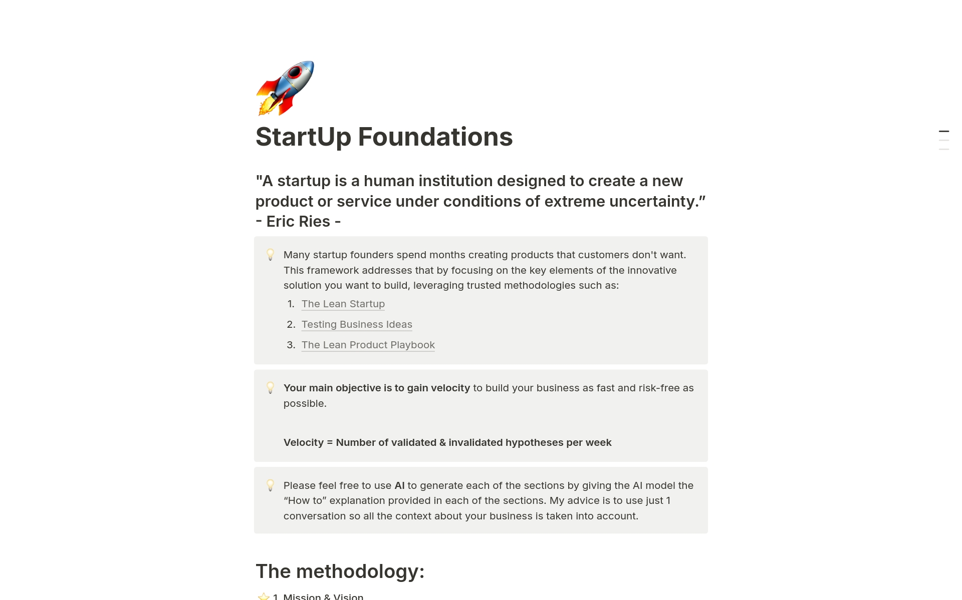En forhåndsvisning av mal for StartUp Foundations
