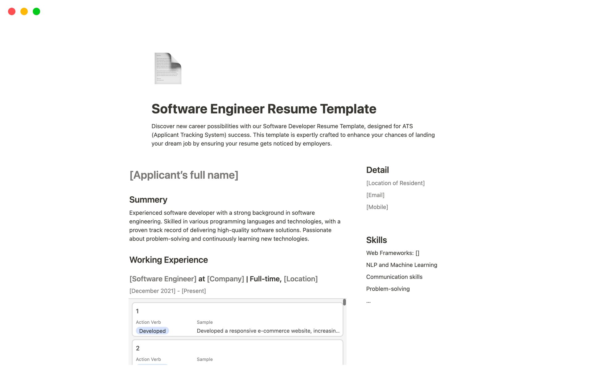 Software Engineer Resumeのテンプレートのプレビュー