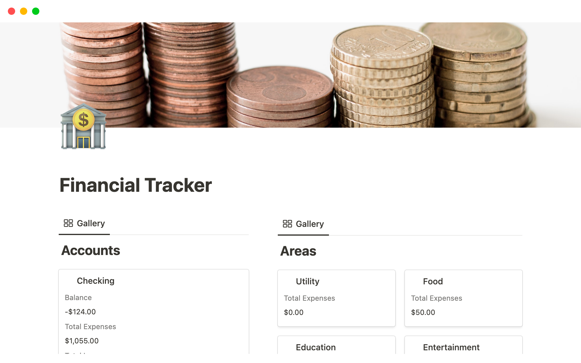 En förhandsgranskning av mallen för Finance Tracker Notion Template