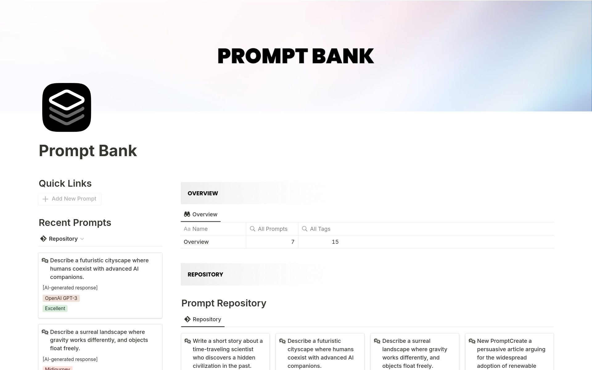 En forhåndsvisning av mal for Prompt Bank - AI Prompt Organizer & Tracker