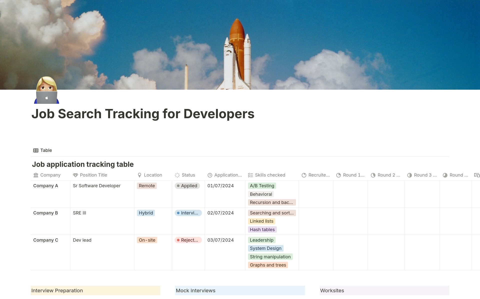 Vista previa de una plantilla para Job Search Tracking for Developers