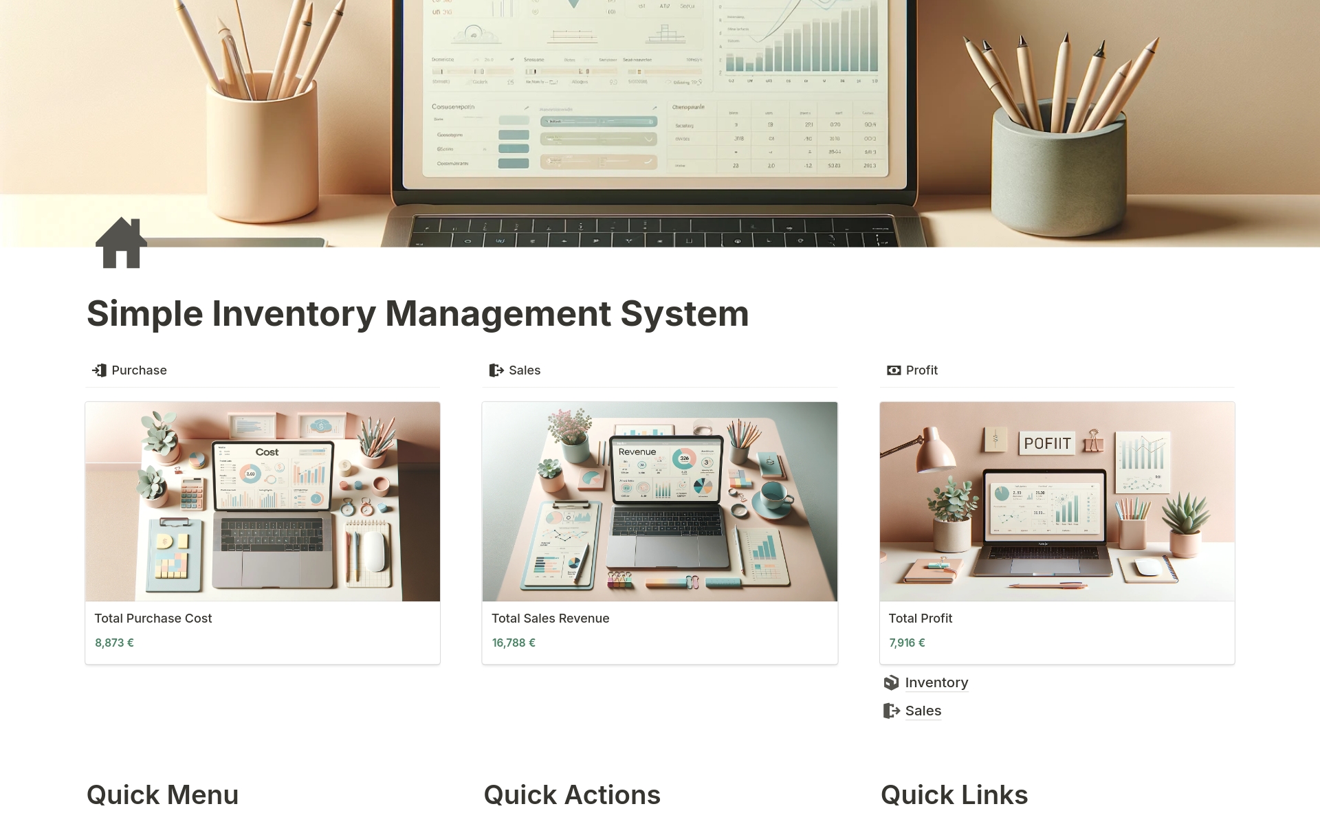 En forhåndsvisning av mal for Inventory Management System