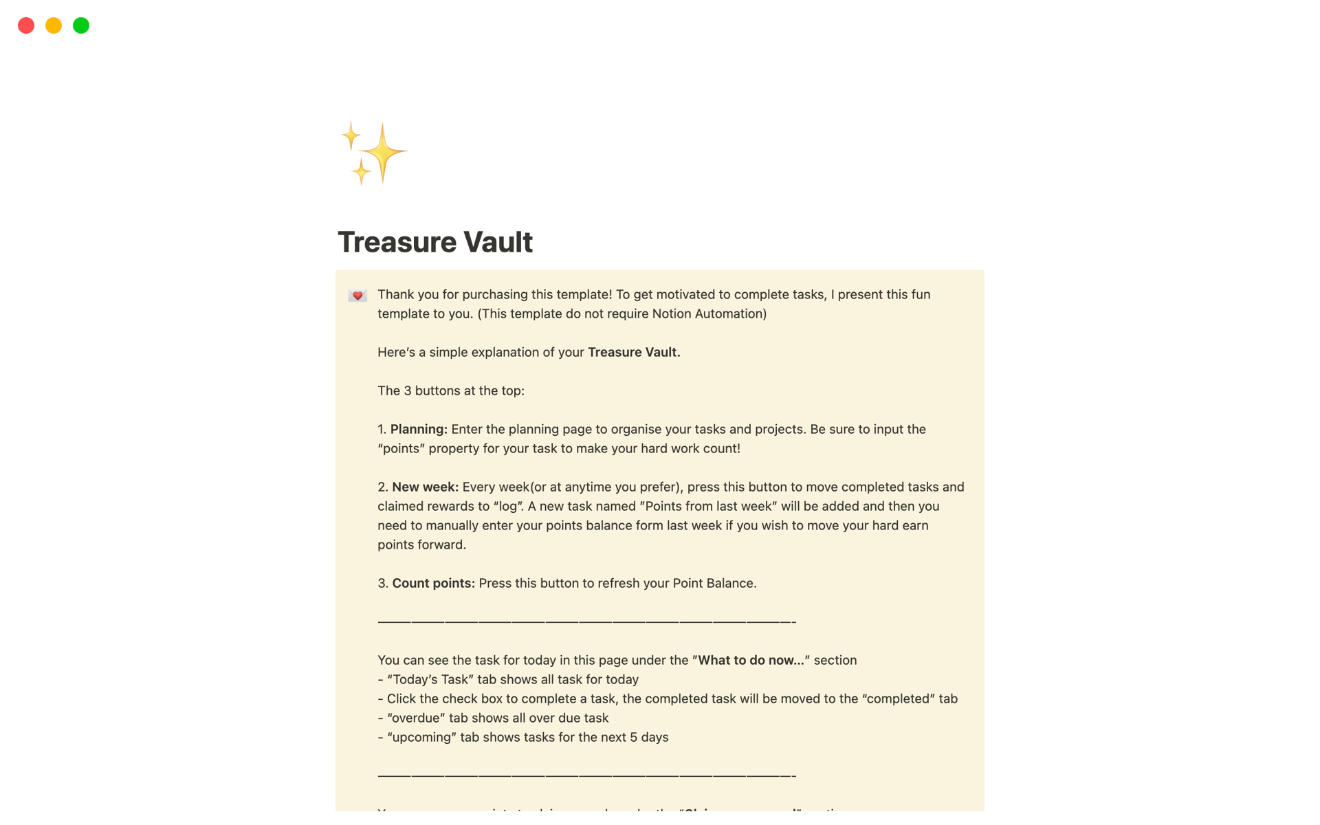 En förhandsgranskning av mallen för Treasure Vault