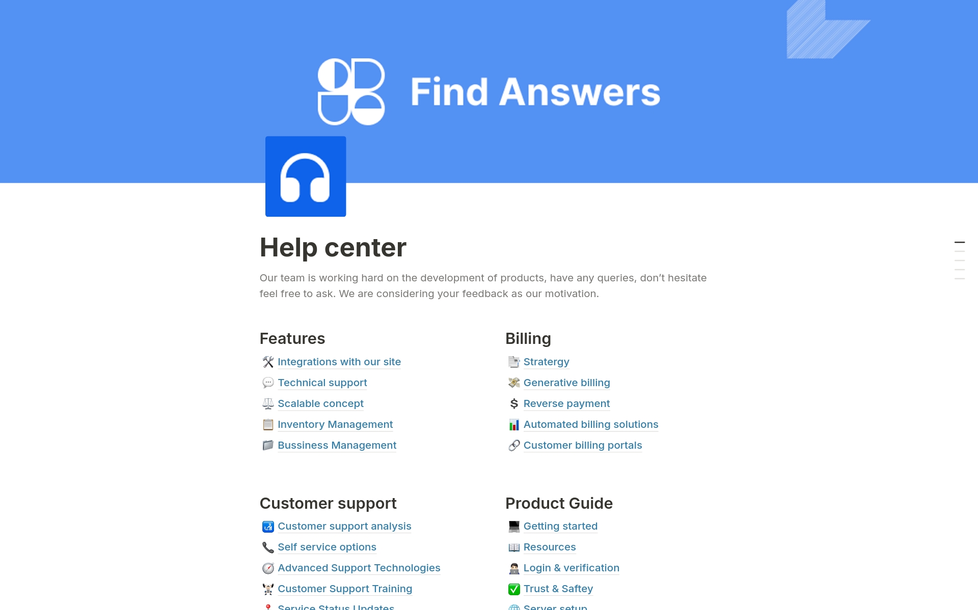 A template preview for Help Center Notion Template 