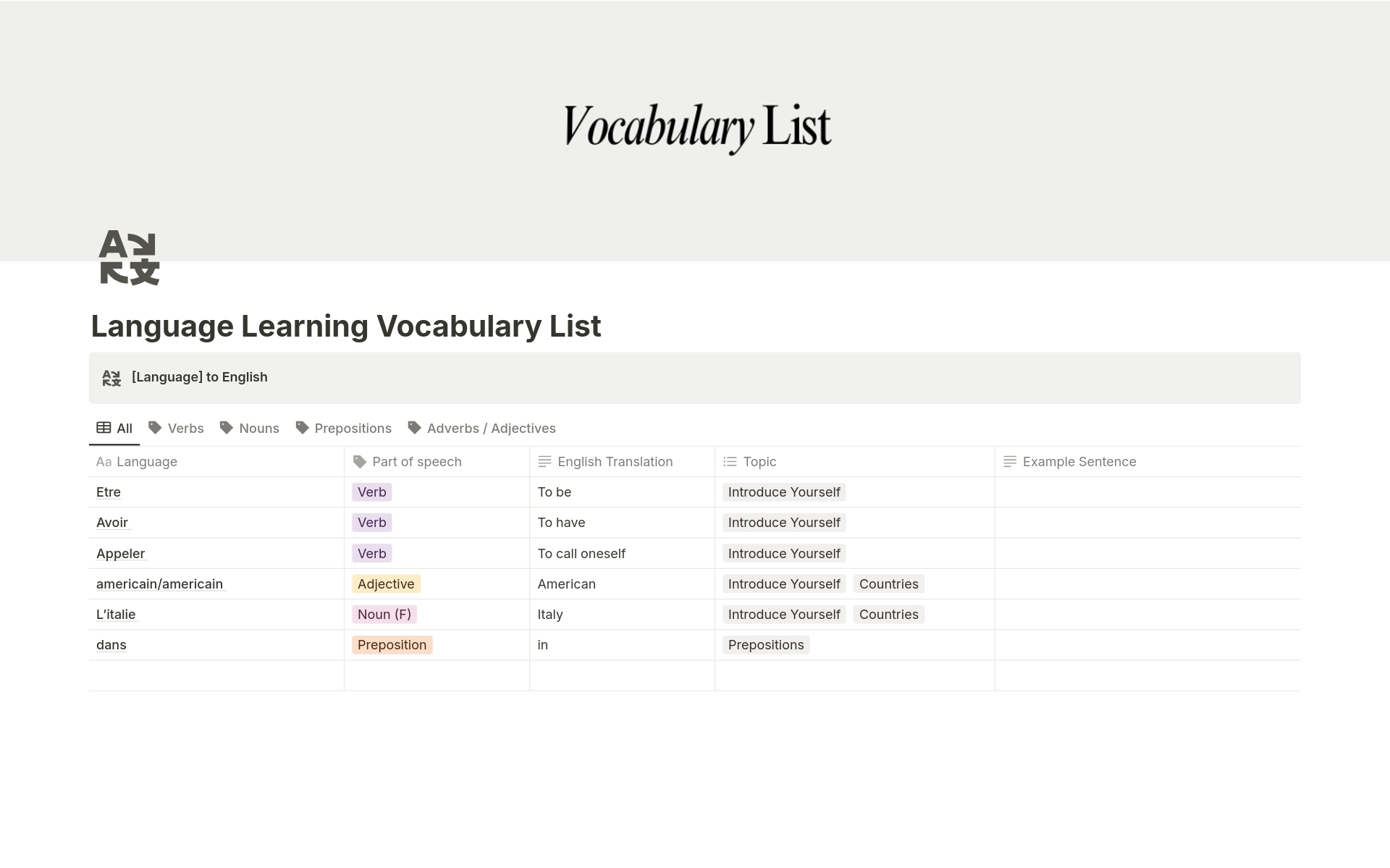 En forhåndsvisning av mal for Language Learning Vocabulary List