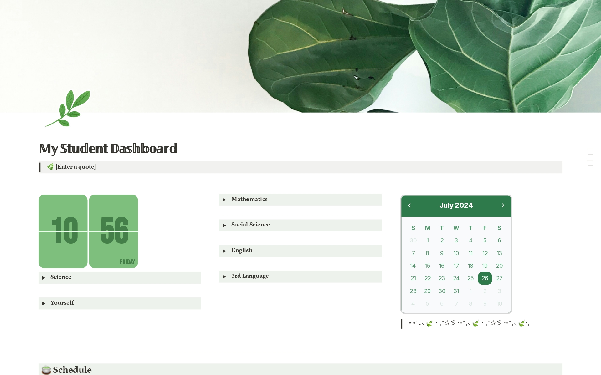 A template preview for Student Dashboard