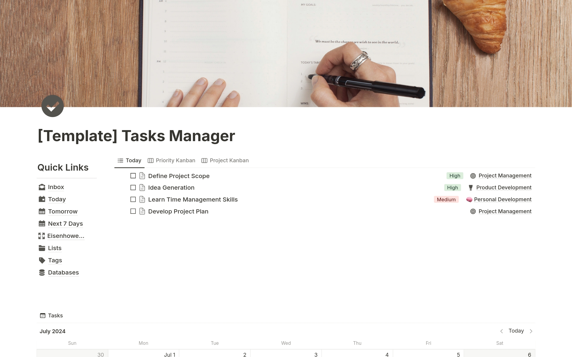 Elevate your productivity with our Notion Task Manager Template. Designed to assist you in managing tasks and projects effortlessly, this template provides a centralized hub for all your productivity needs. Monitor and track progress with ease, stay on top of deadlines.