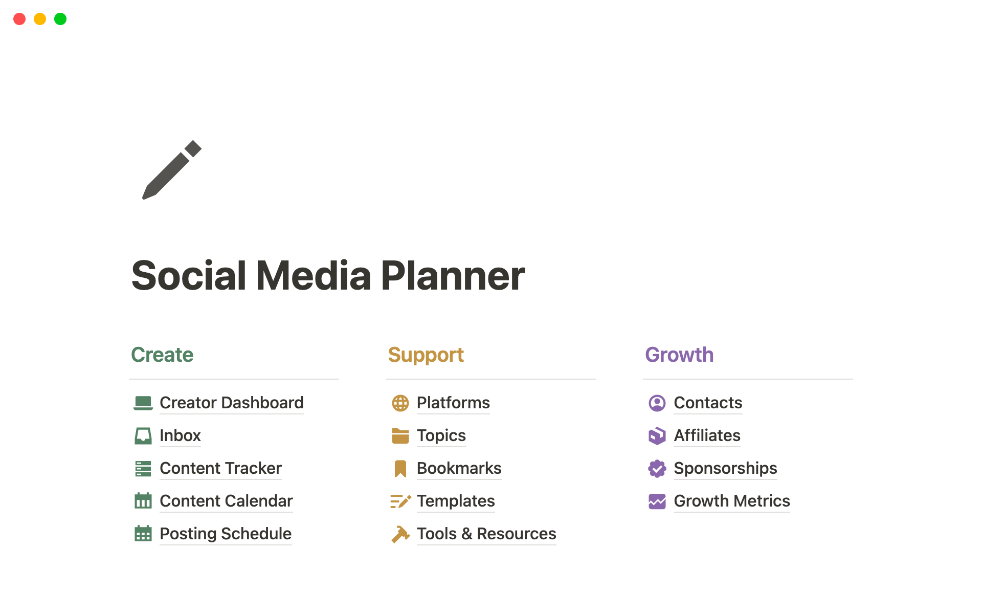 En förhandsgranskning av mallen för Social Media Planner