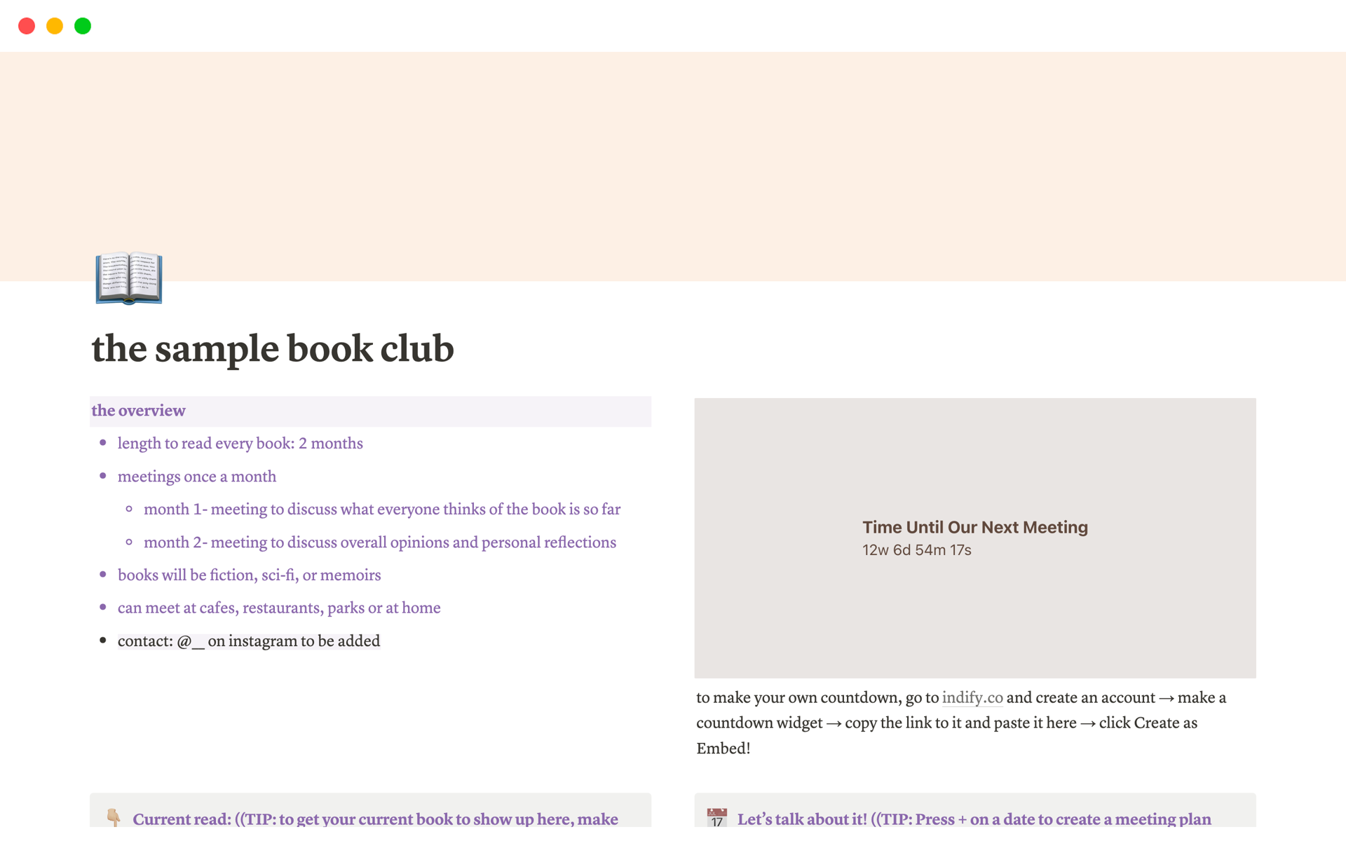 En förhandsgranskning av mallen för Book Club Meeting Planner