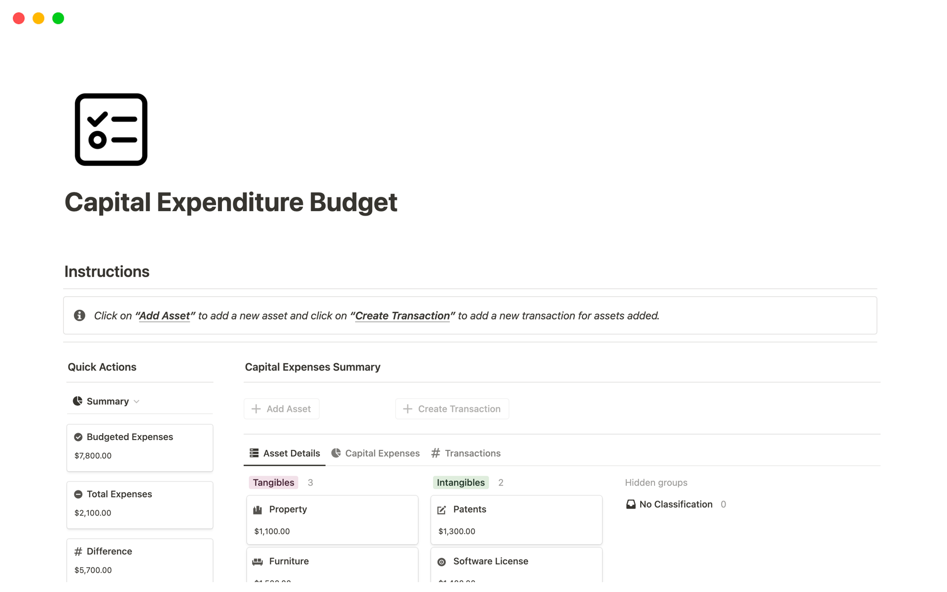 This template helps individuals or businesses outline their anticipated spending on long-term assets and investments over a specific period and stay within budgeted expenses.