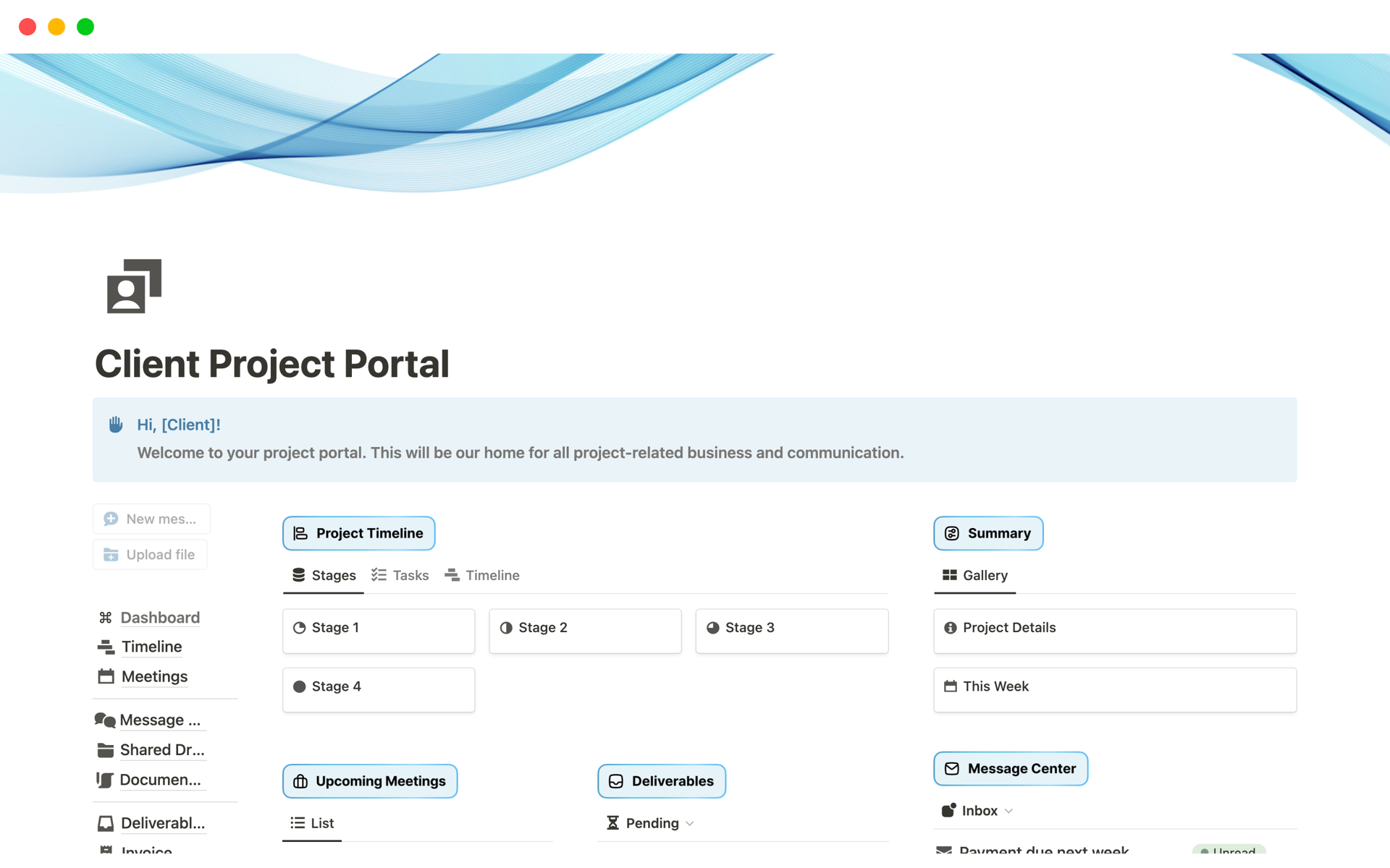 En forhåndsvisning av mal for Client Project Portal