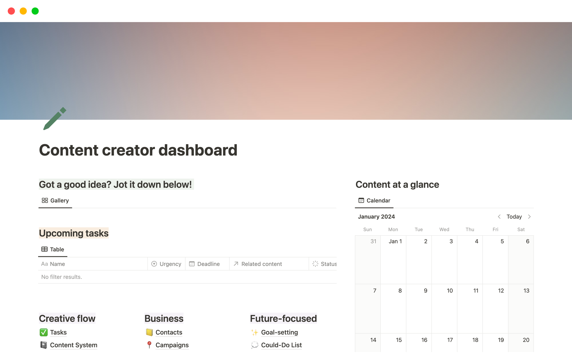 Vista previa de plantilla para Content creator dashboard