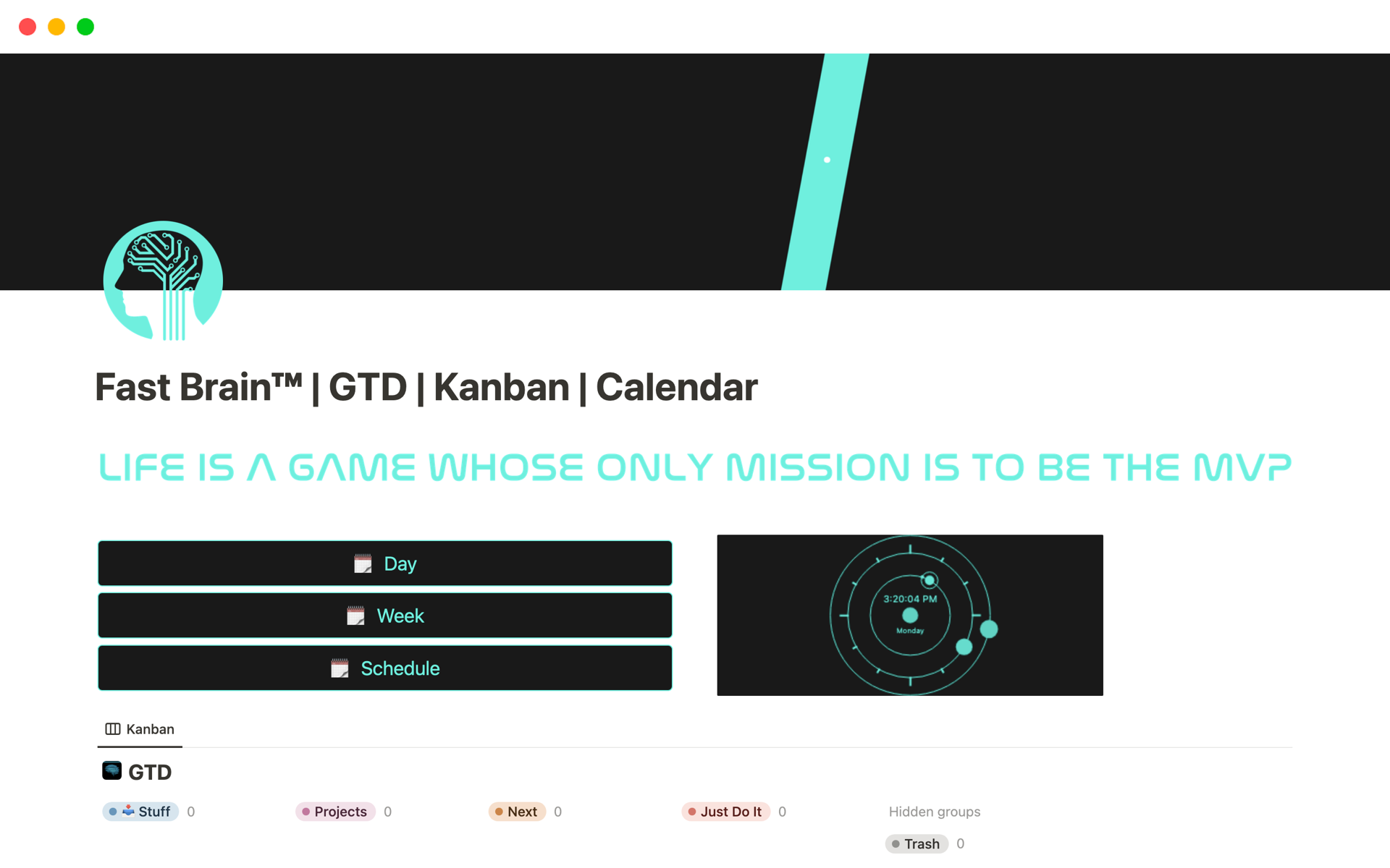 En forhåndsvisning av mal for Fast Brain™ | GTD | Kanban | Calendar