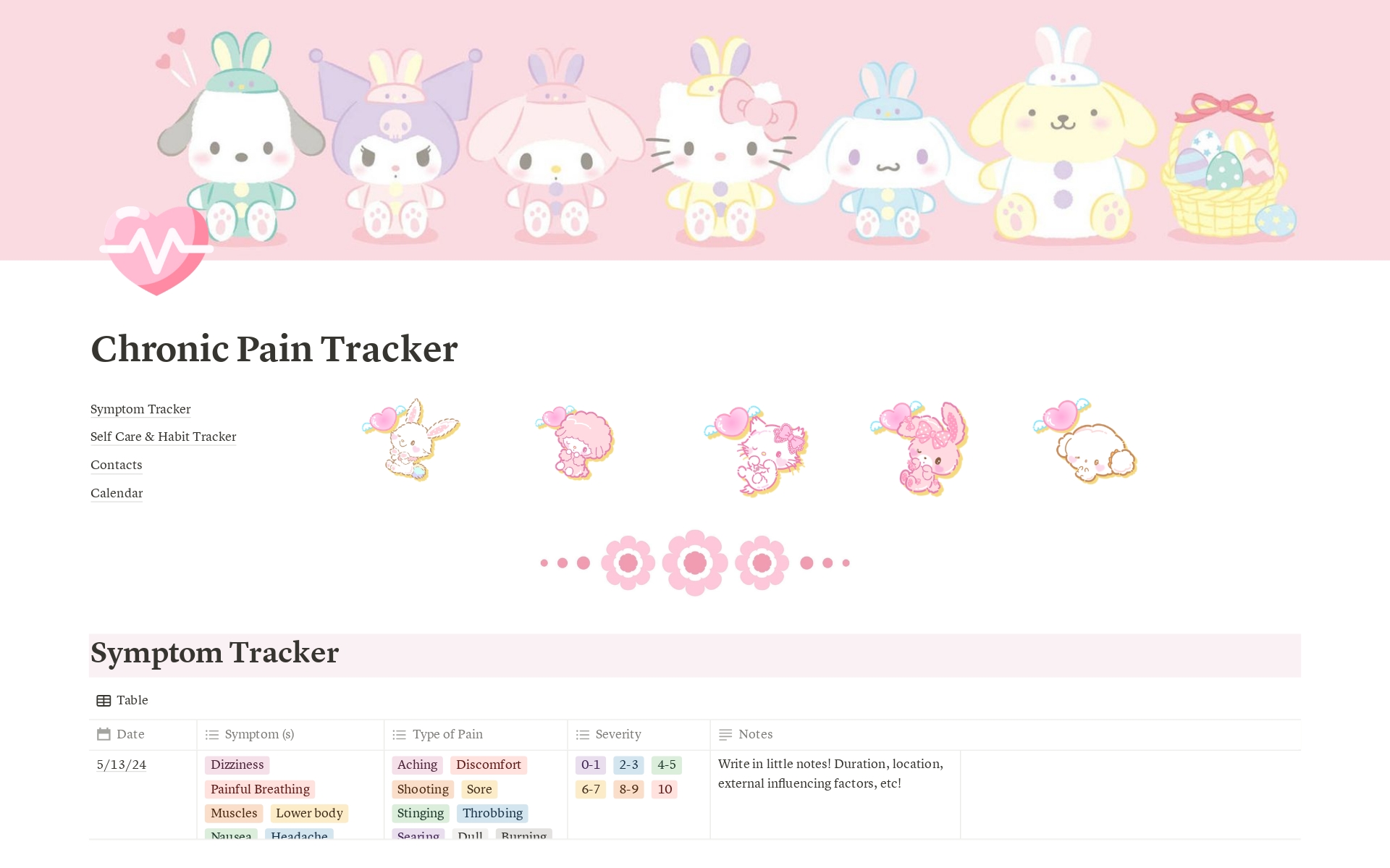 A template preview for Pink Sanrio Chronic Pain Tracker 