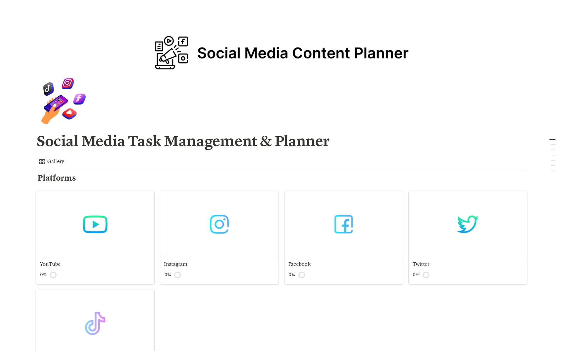 Optimalkan pengelolaan tugas media sosial Anda dengan template Notion "Social Media Task Management & Planner". Template ini dirancang khusus untuk membantu Anda merencanakan, mengatur, dan melacak semua aktivitas media sosial dengan cara yang efisien dan terorganisir.