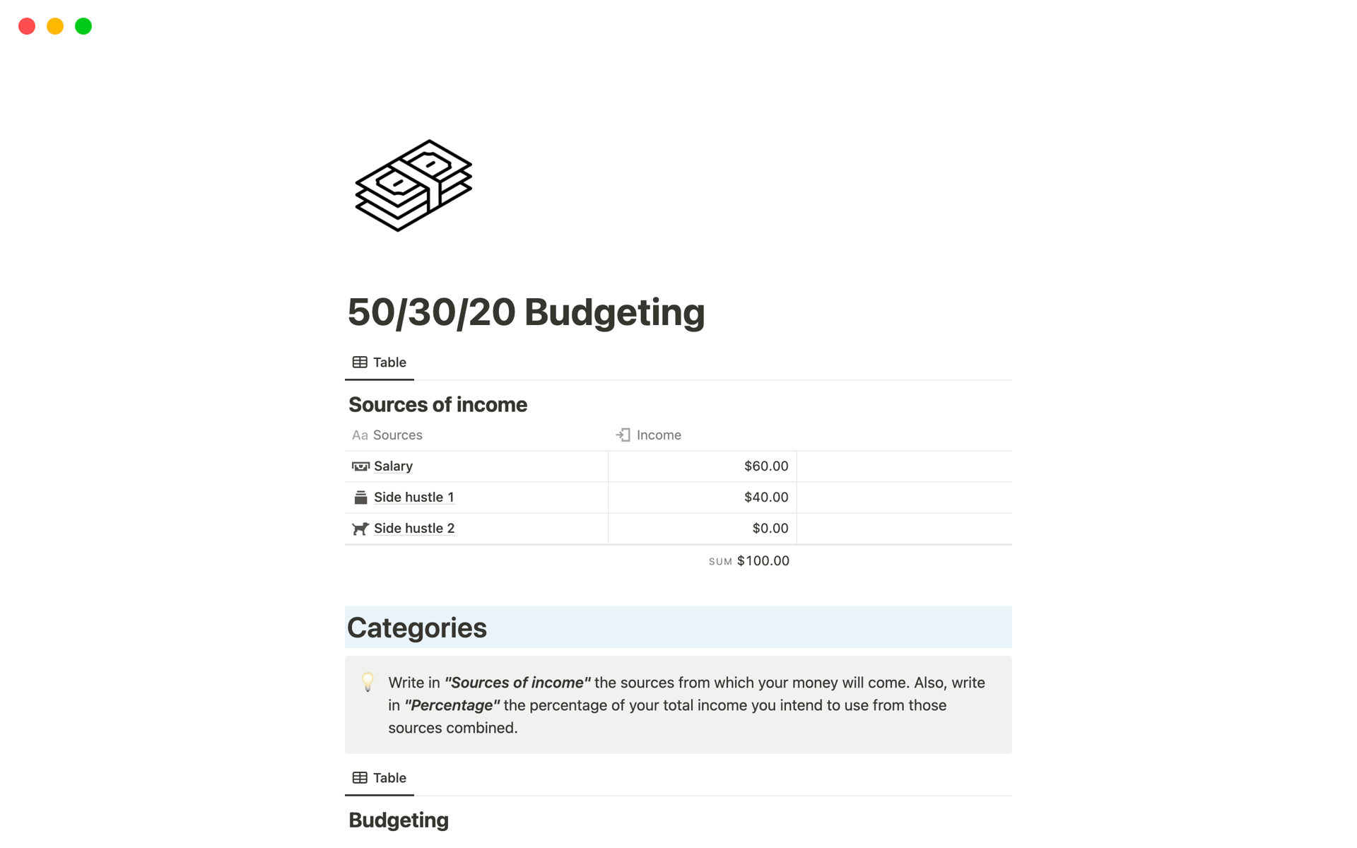 Eine Vorlagenvorschau für 50/30/20 Budgeting