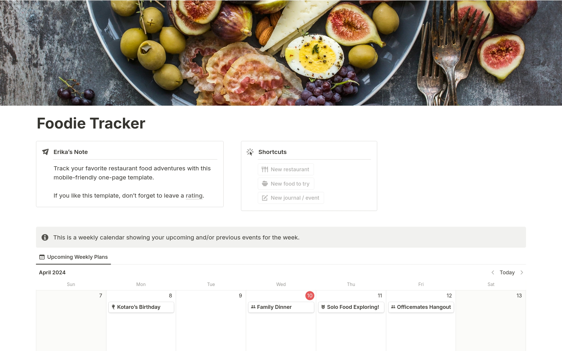 Vista previa de plantilla para One Page Foodie Tracker
