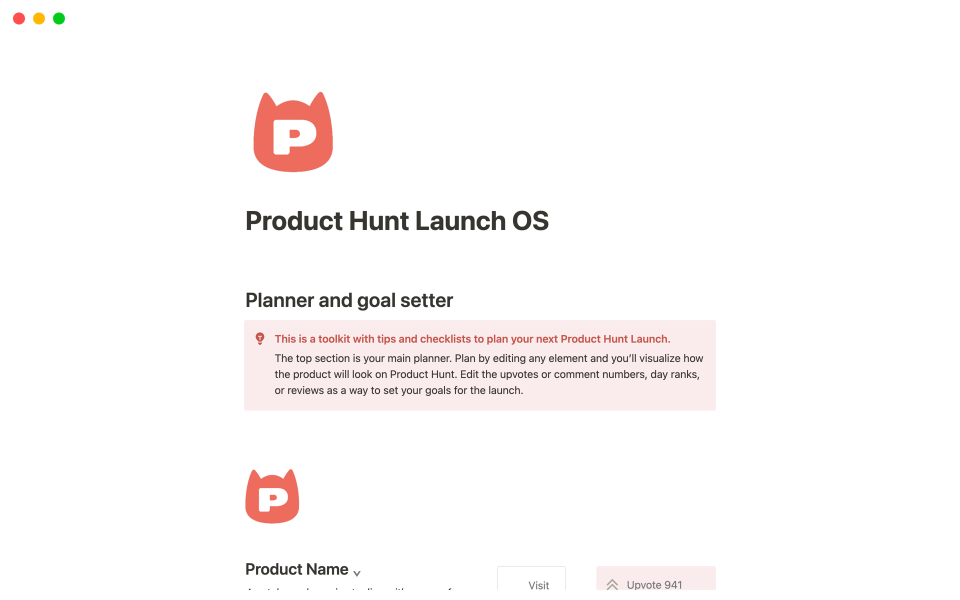 En förhandsgranskning av mallen för Product Hunt Launch OS
