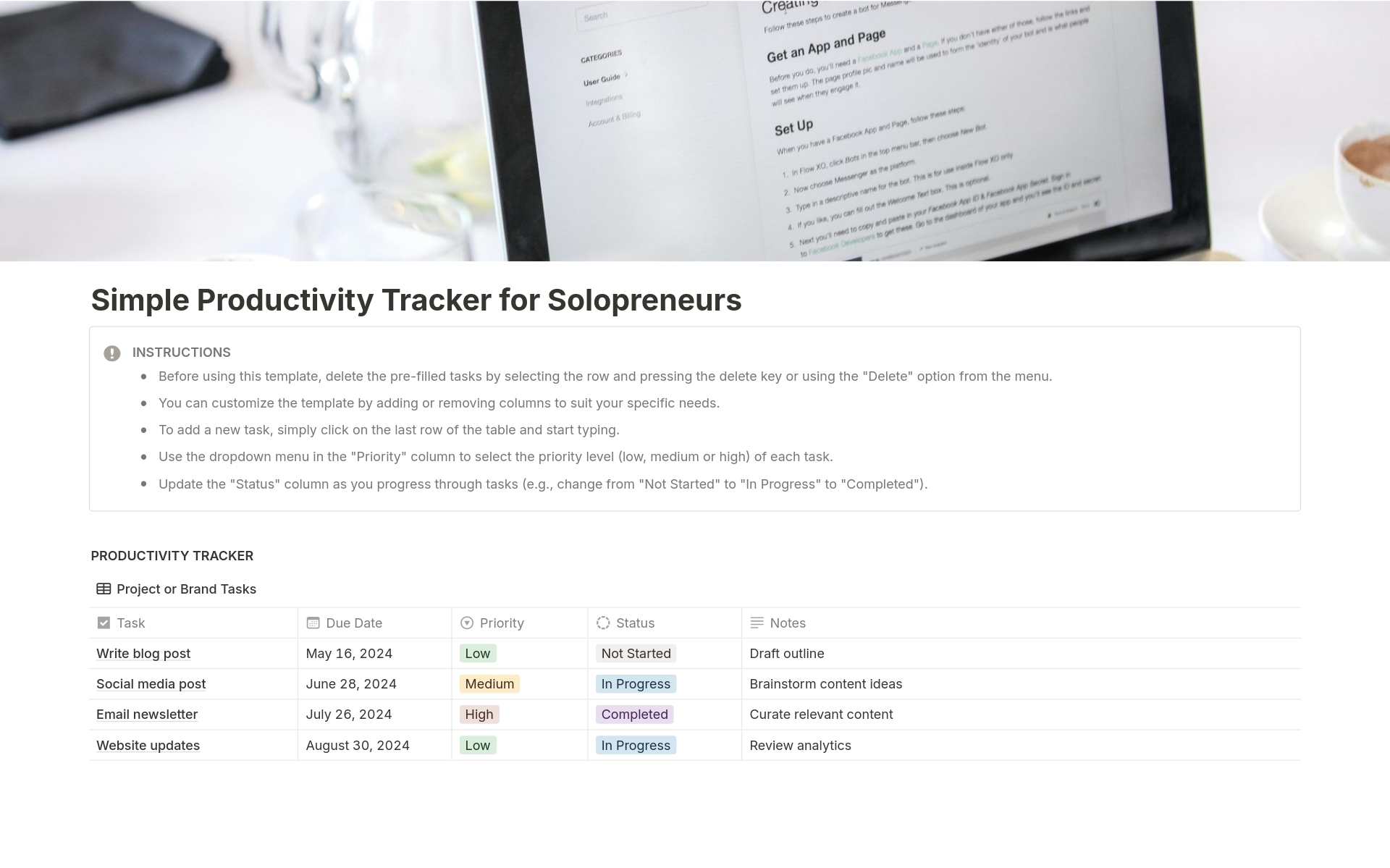 Uma prévia do modelo para Simple Productivity Tracker for Solopreneurs