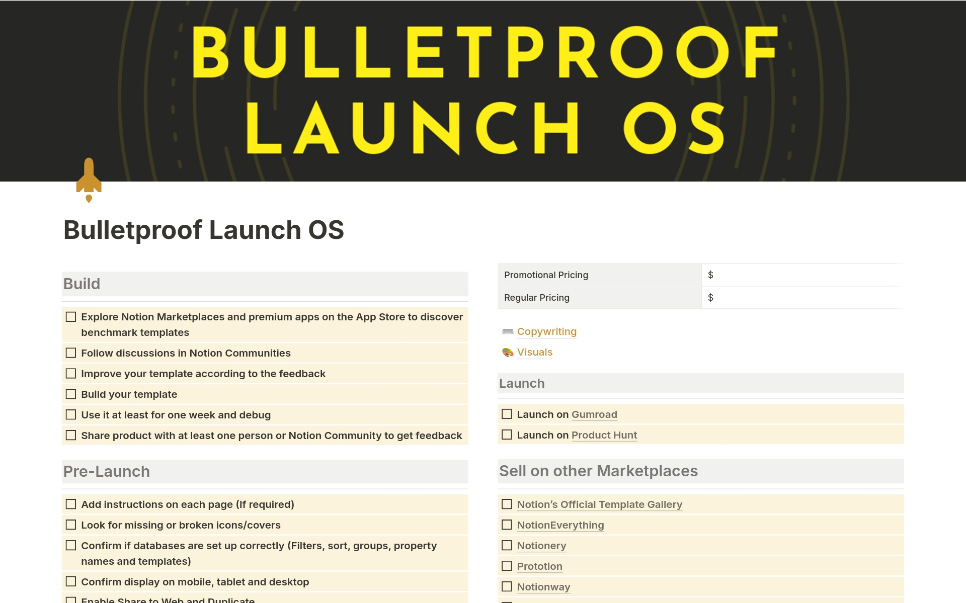 Uma prévia do modelo para Bulletproof Launch OS