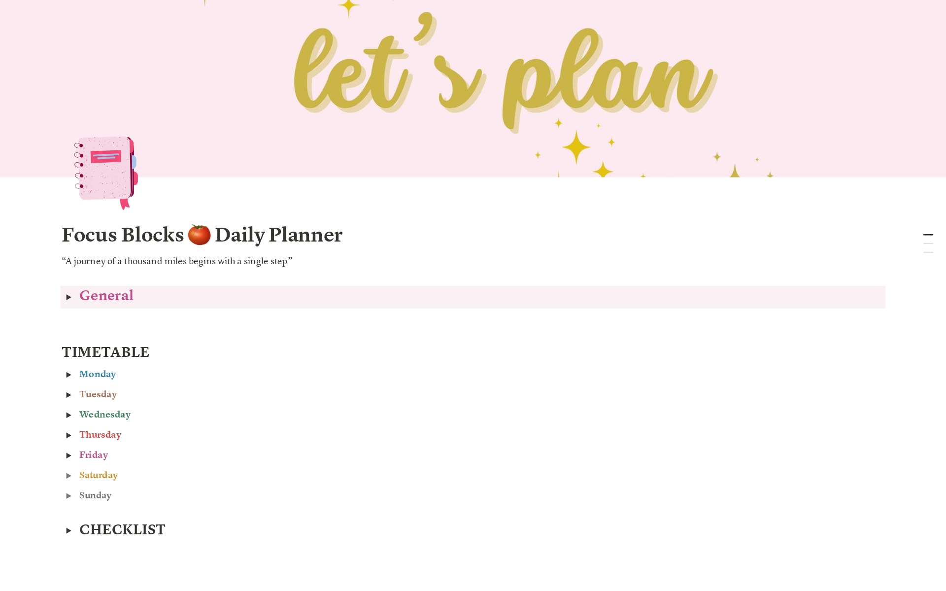 En förhandsgranskning av mallen för Focus Blocks 🍅 Daily Planner 