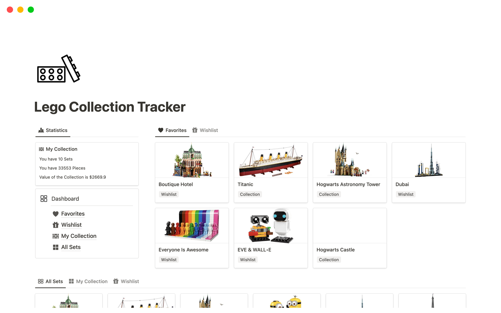 Vista previa de una plantilla para Lego Collection Tracker