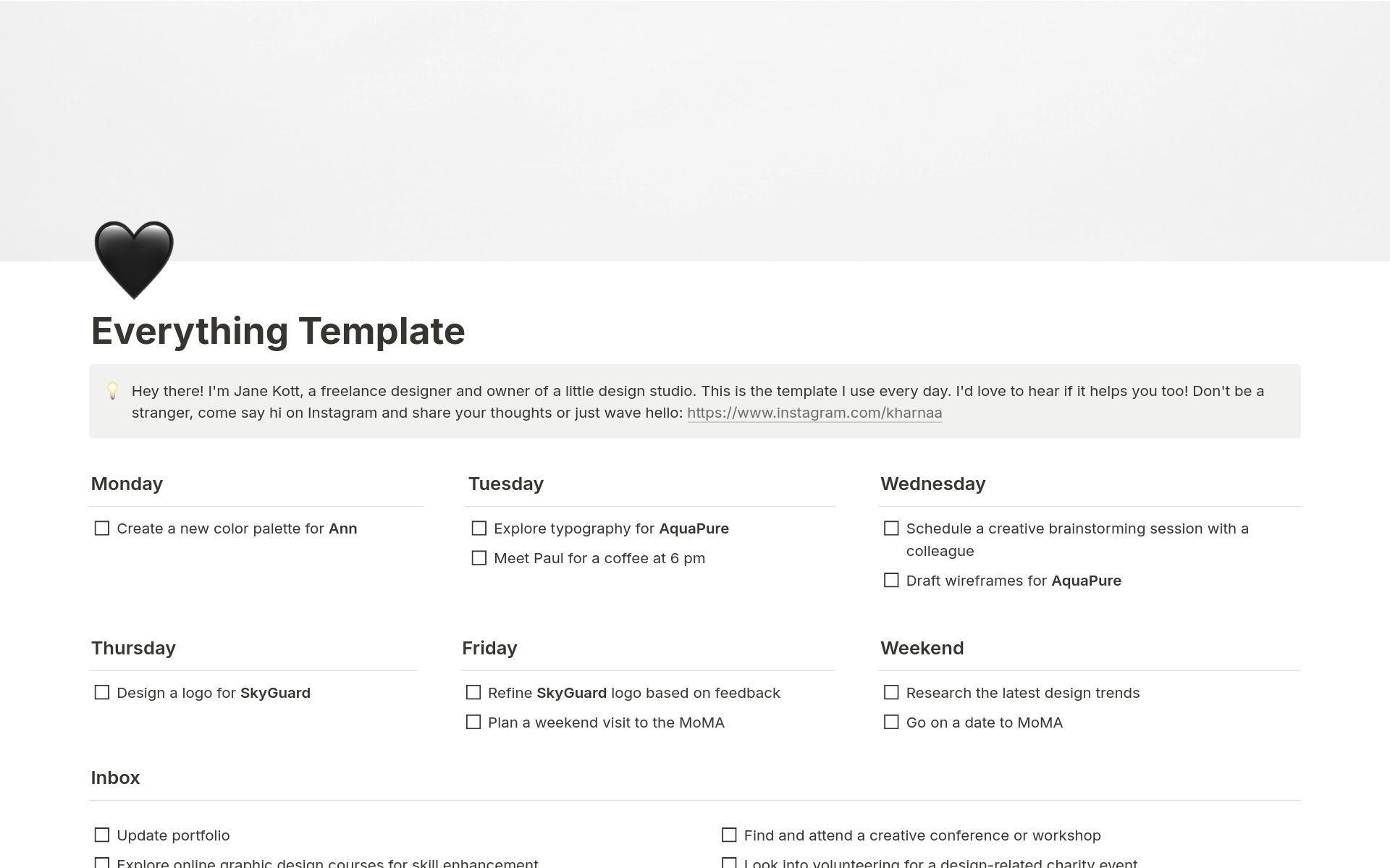 An all-in-one simple Notion template is designed for freelancers to keep life and work beautifully organized.