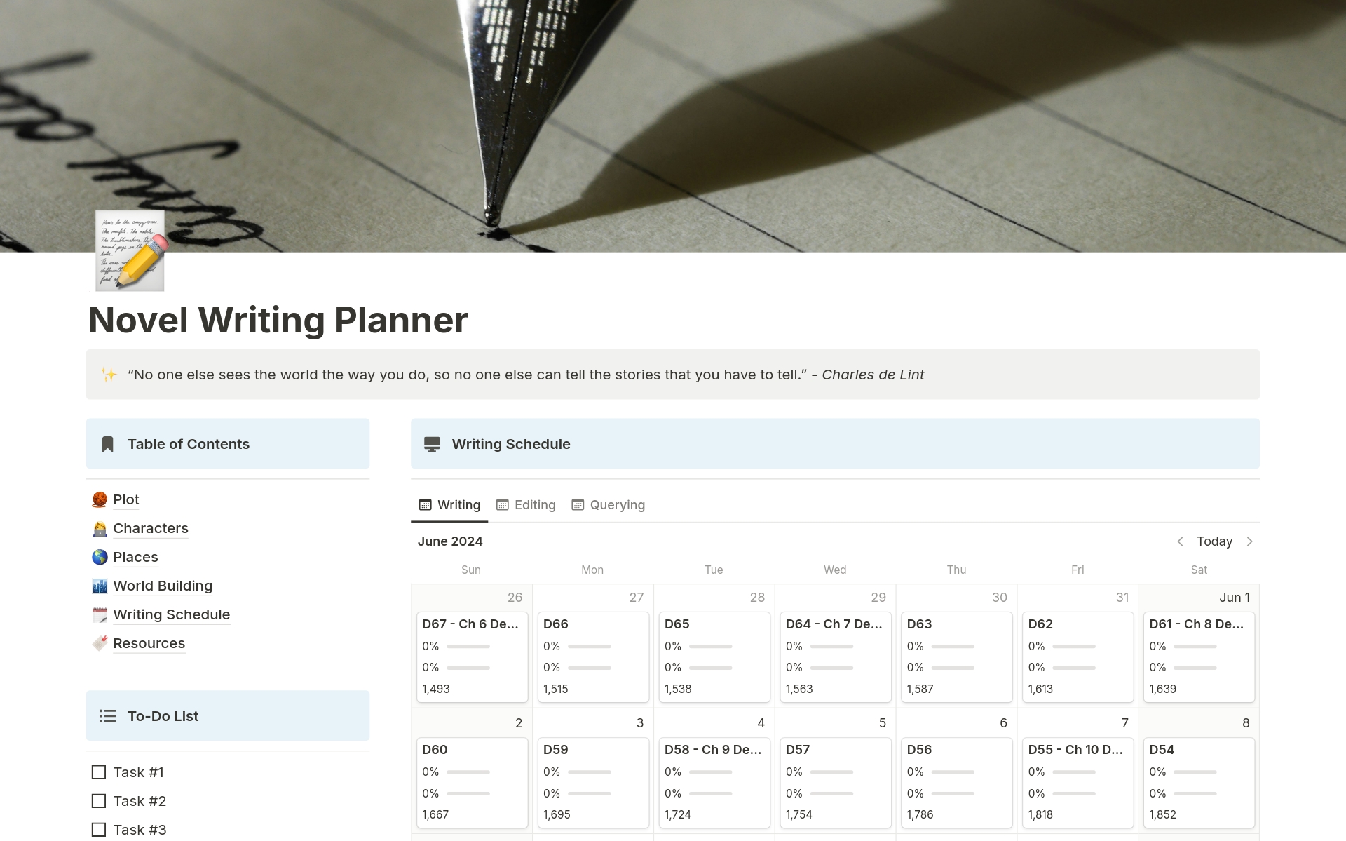 A template preview for Novel Writing Planner