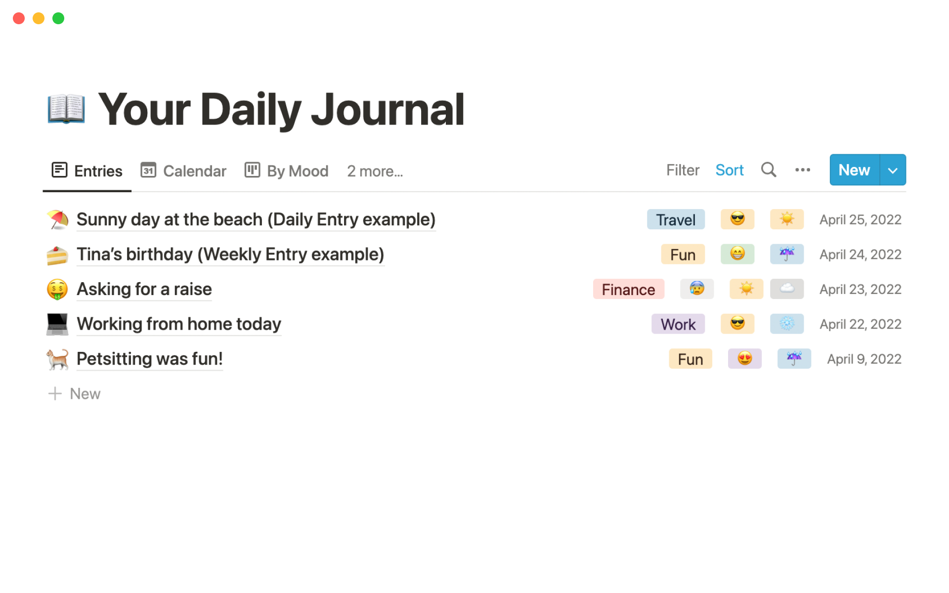 Document and browse your life by mood, weather, and category.